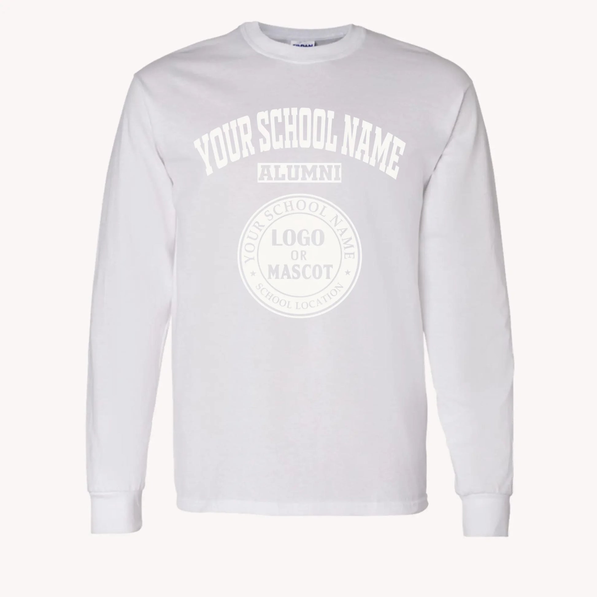 A purple custom alumni long sleeve t-shirt with a personalized classic school logo, a perfect class reunion gift.
