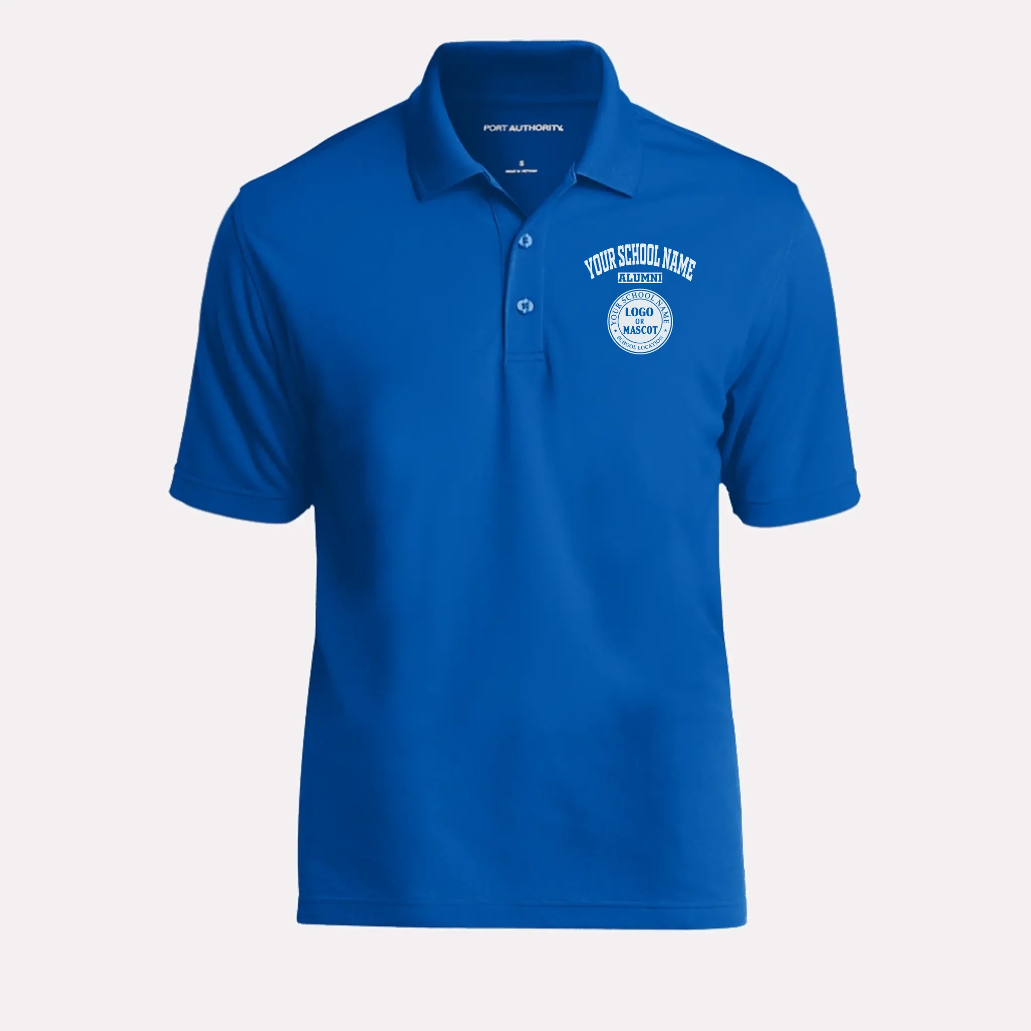 A royal blue custom alumni polo shirt with a traditional fit, designed for proud graduates.