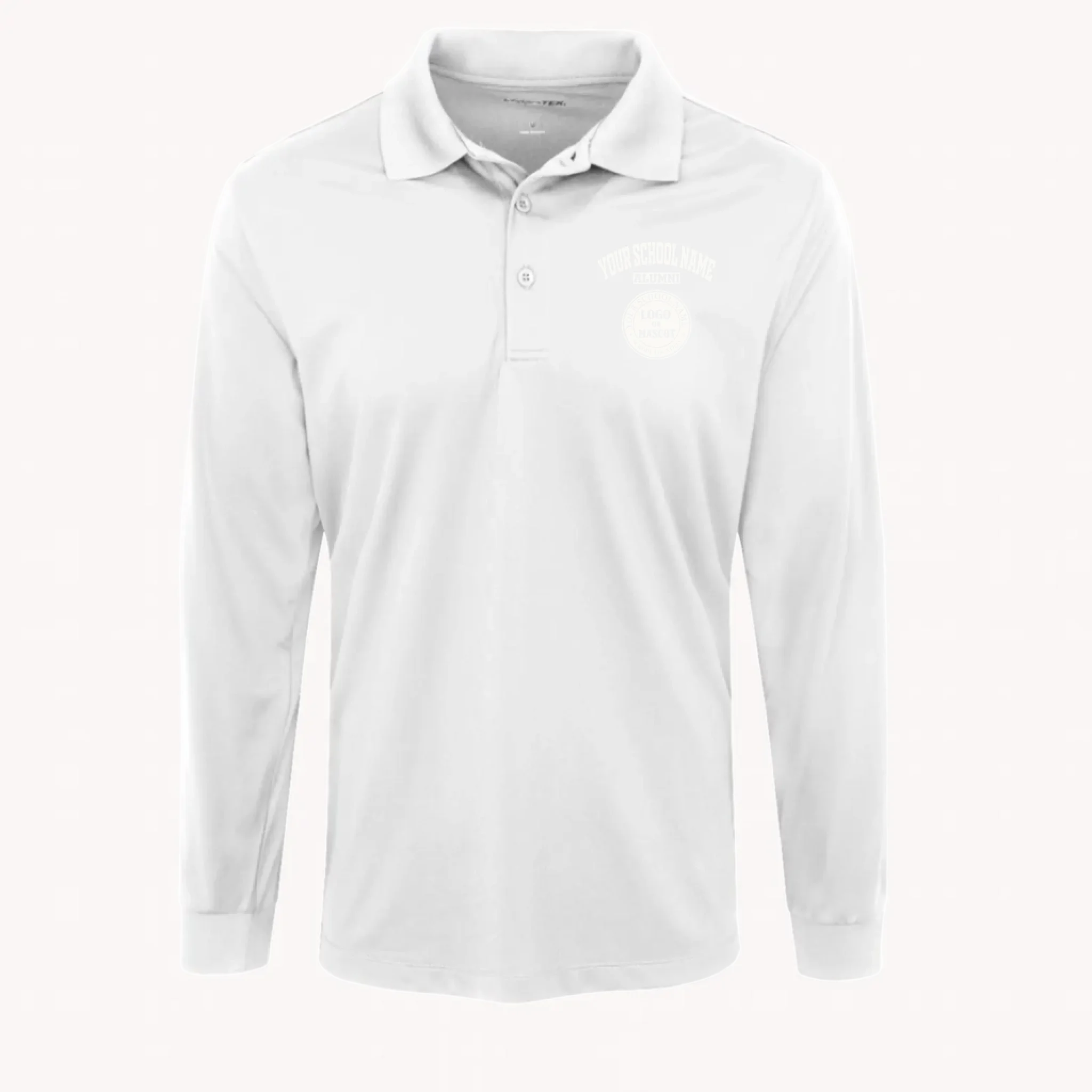 A classic white custom alumni long sleeve pro polo, designed to keep you sharp, dry, and composed.
