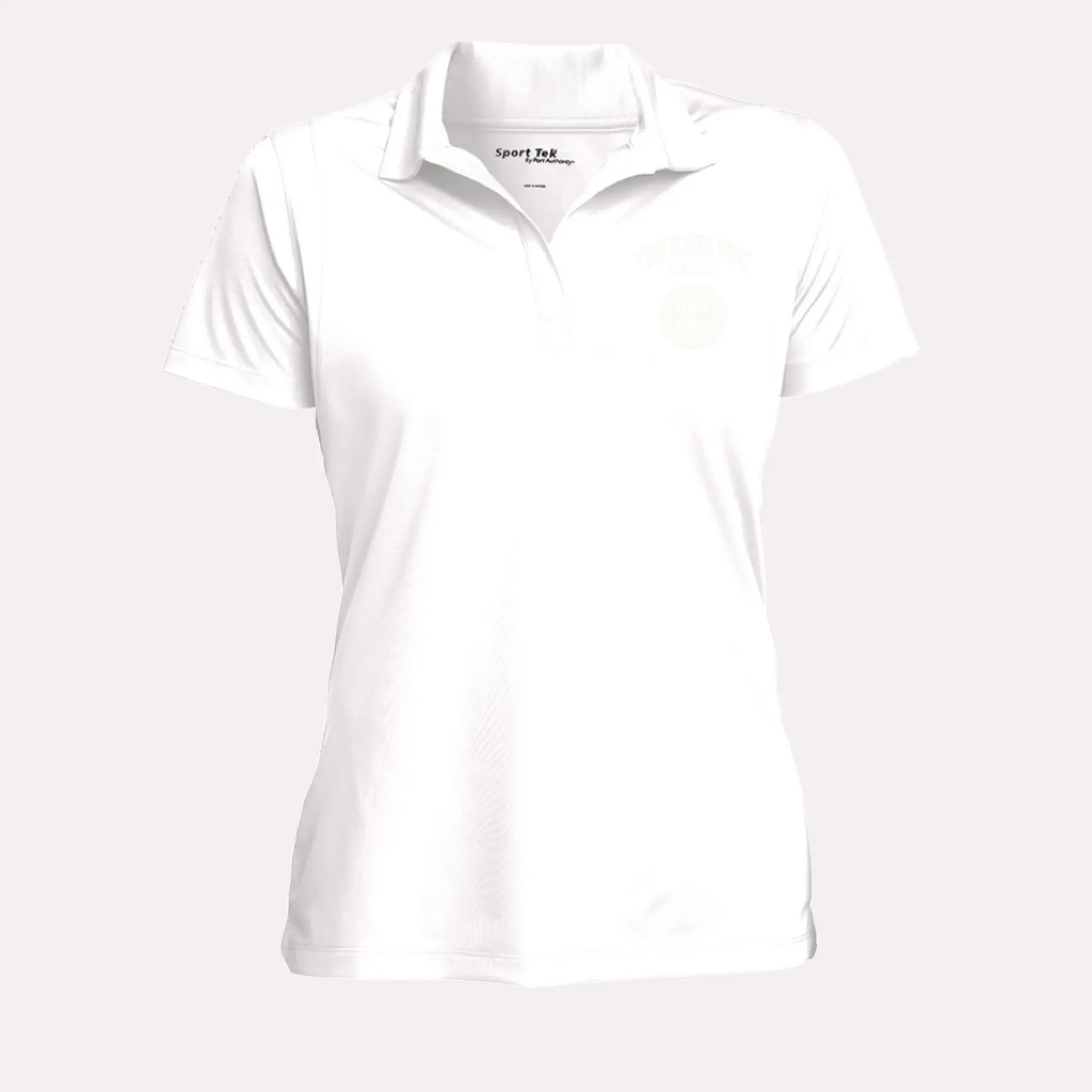 A crisp white custom alumni polo shirt for women, designed with a feminine fit and a polished, professional look.