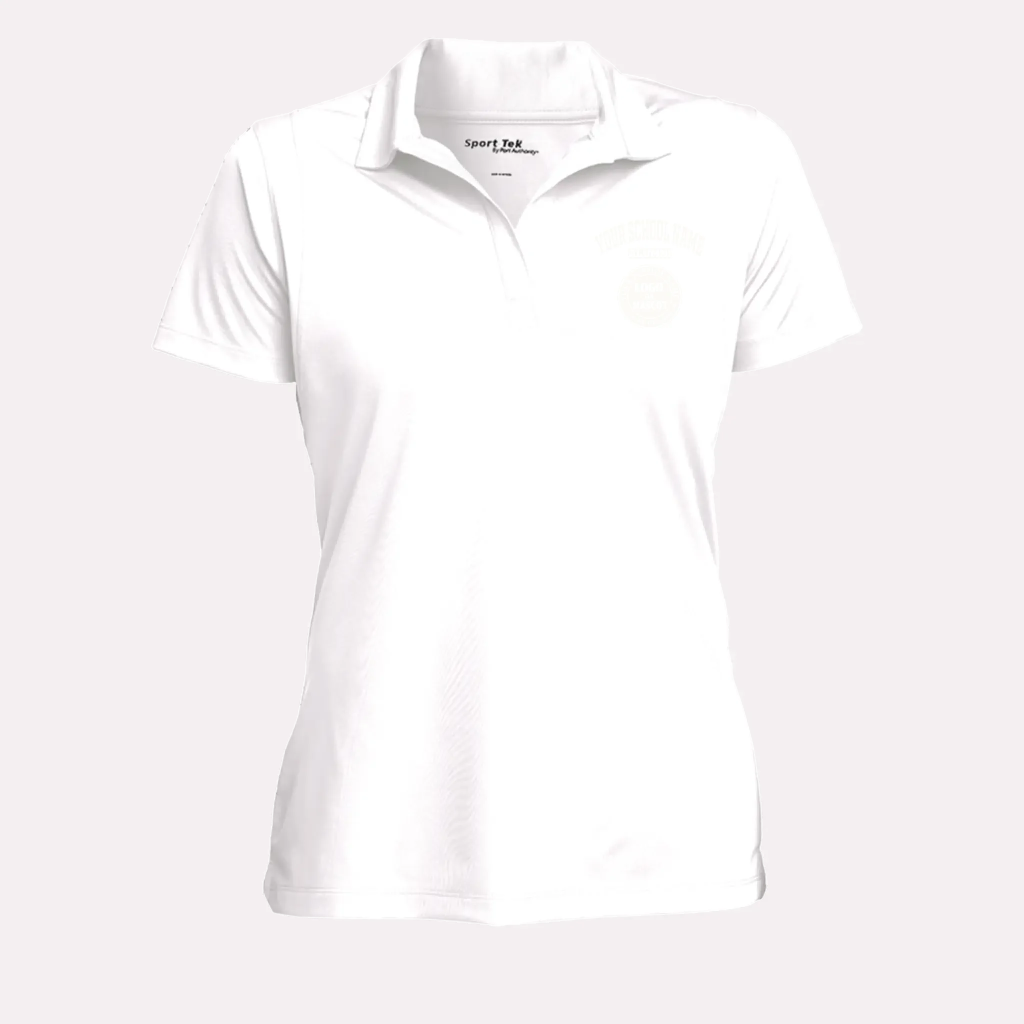 A crisp white custom alumni polo shirt for women, designed with a feminine fit and a polished, professional look.