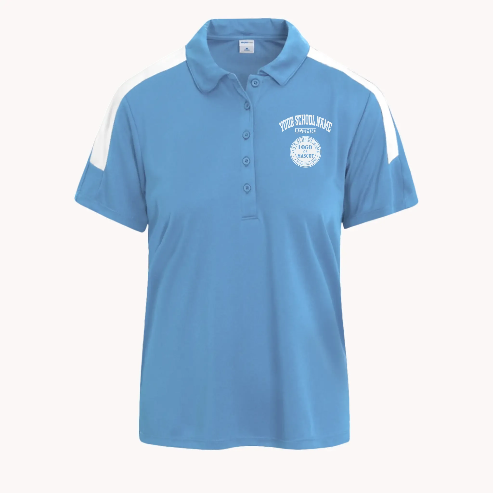A woman's light blue colorblock polo shirt with a custom school logo, a stylish choice for any alumni event.