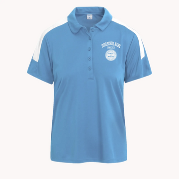 A woman's light blue colorblock polo shirt with a custom school logo, a stylish choice for any alumni event.