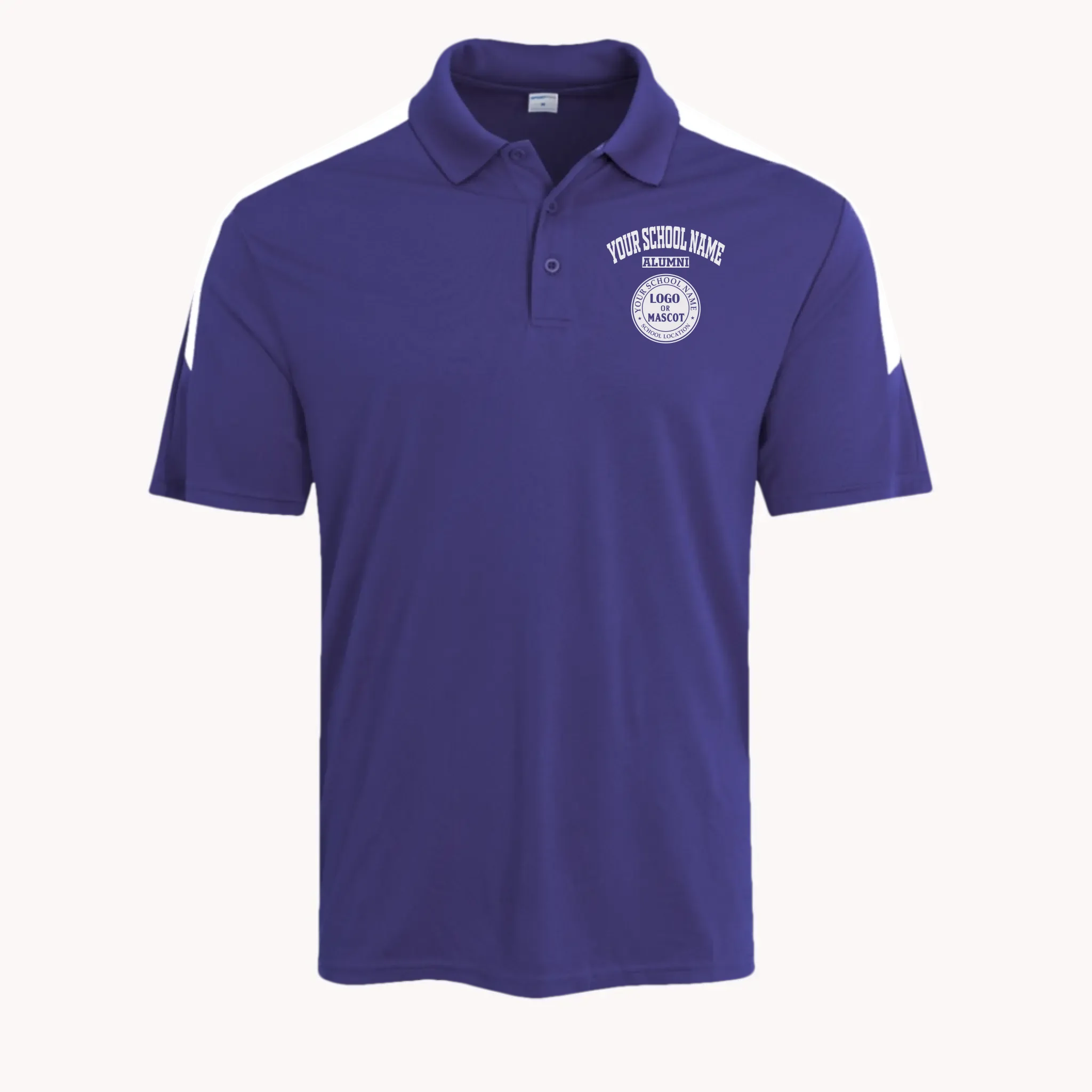 A man's purple colorblock polo shirt with a custom school logo, a bold style for any alumni event.