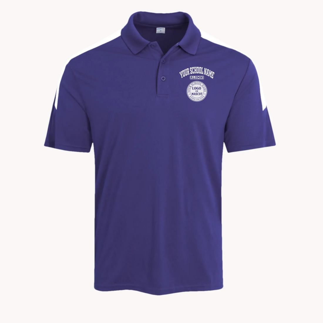 A man's purple colorblock polo shirt with a custom school logo, a bold style for any alumni event.
