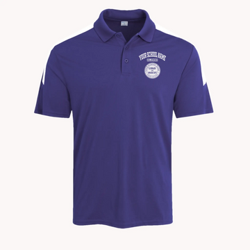A man's purple colorblock polo shirt with a custom school logo, a bold style for any alumni event.