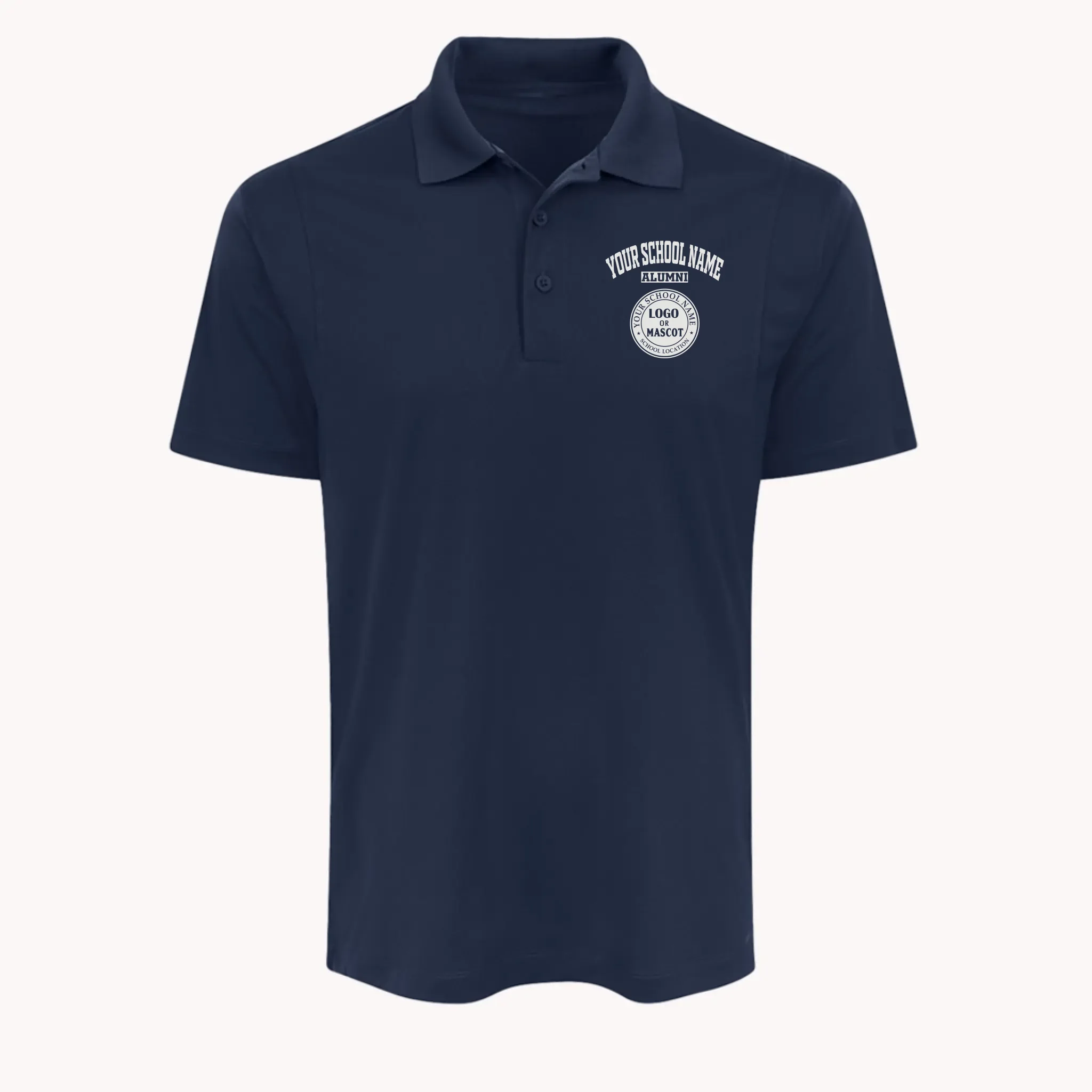 Navy blue men's performance polo shirt with a custom school logo, a high-quality gift for university alumni.