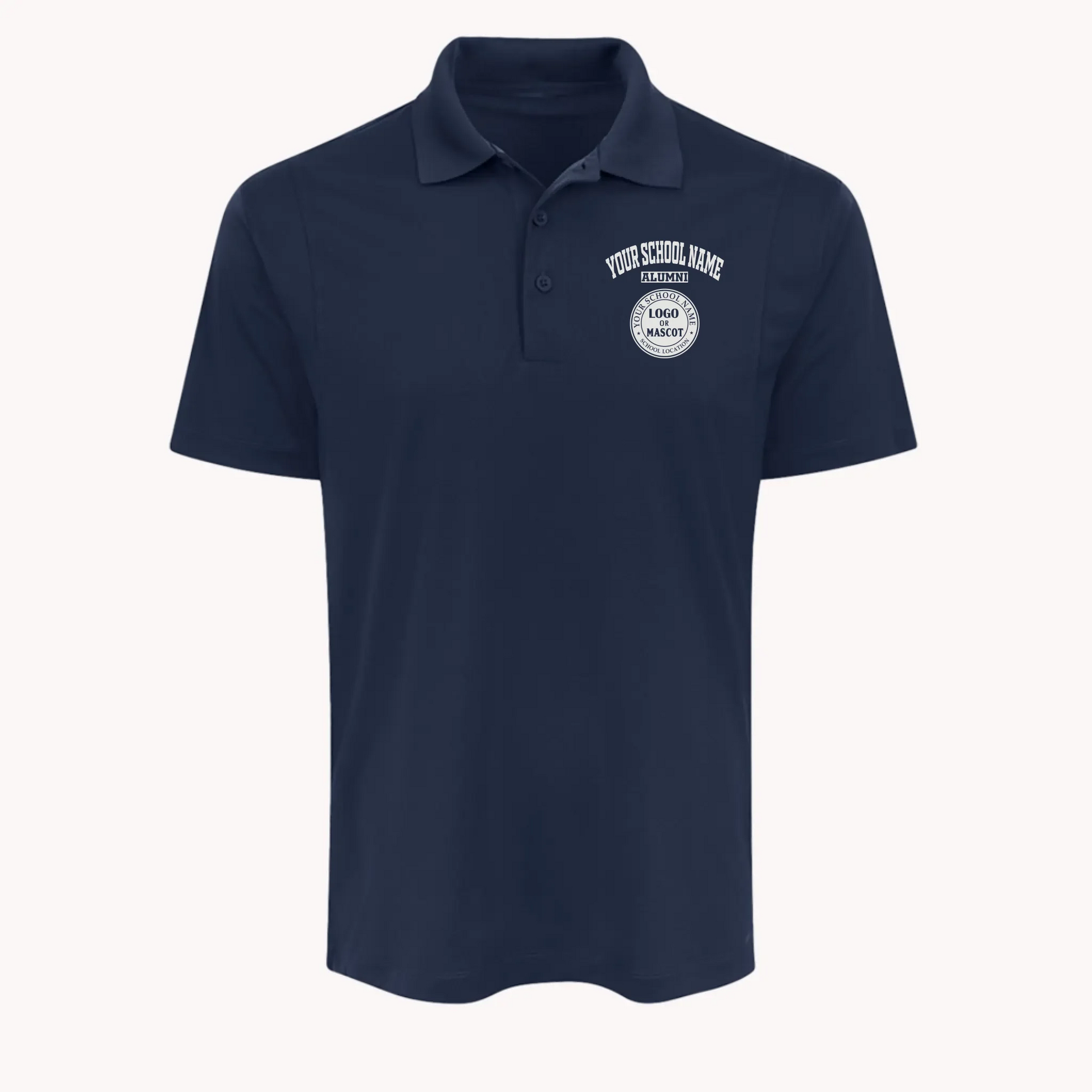 Navy blue men's performance polo shirt with a custom school logo, a high-quality gift for university alumni.