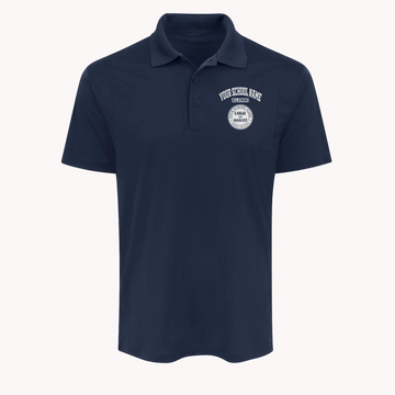 Navy blue men's performance polo shirt with a custom school logo, a high-quality gift for university alumni.