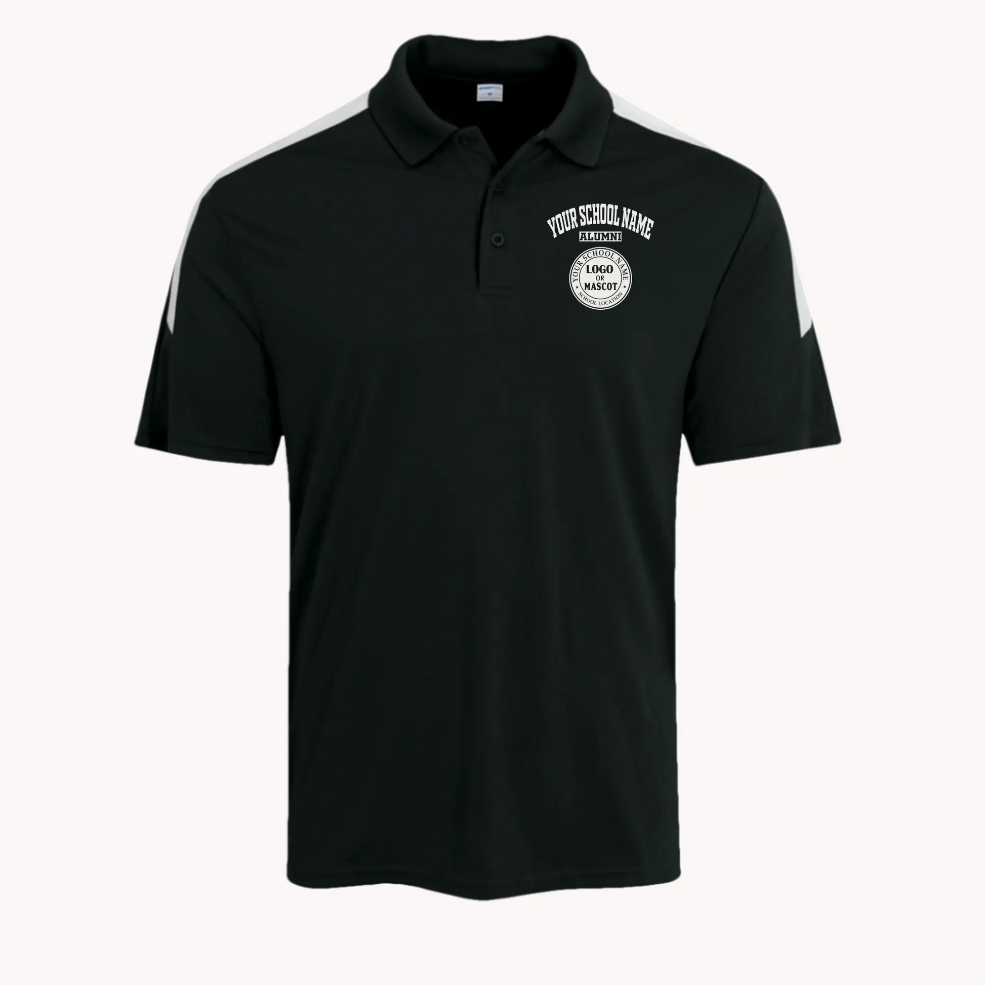 A personalized black competitor polo shirt for alumni, featuring a modern colorblock design and custom logo.