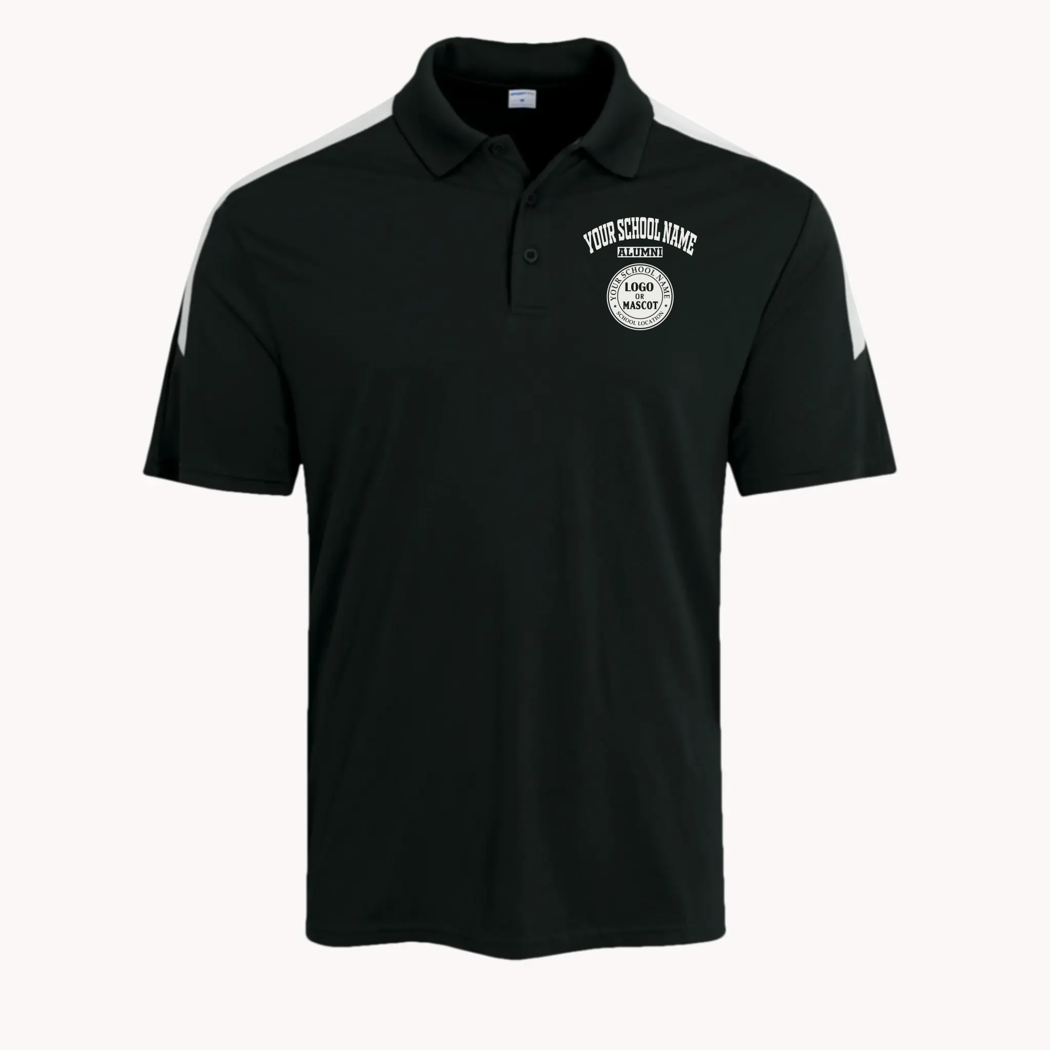 A personalized black competitor polo shirt for alumni, featuring a modern colorblock design and custom logo.