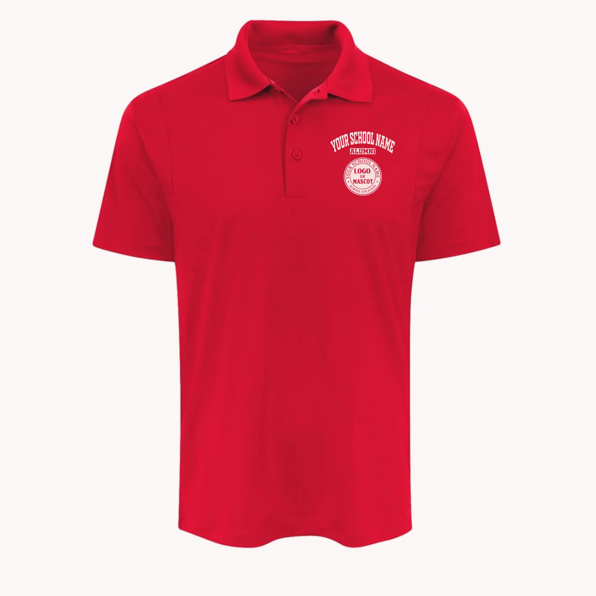 Red personalized alumni polo shirt, a moisture-wicking performance polo perfect for class reunions.