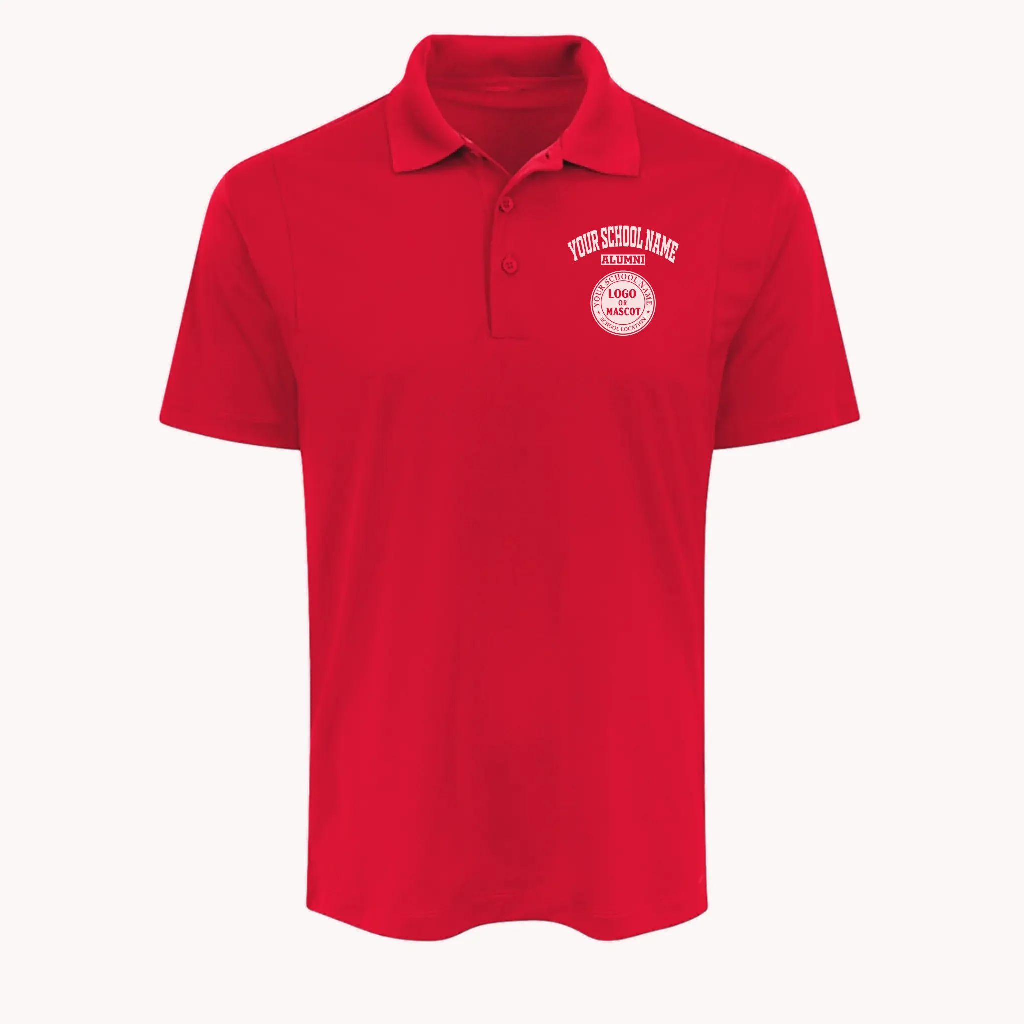 Red personalized alumni polo shirt, a moisture-wicking performance polo perfect for class reunions.