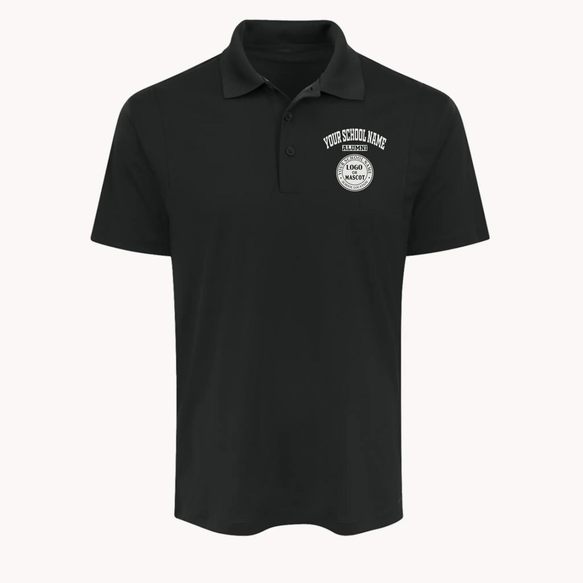 Black custom alumni apparel: a men's performance polo shirt designed for movement and comfort.