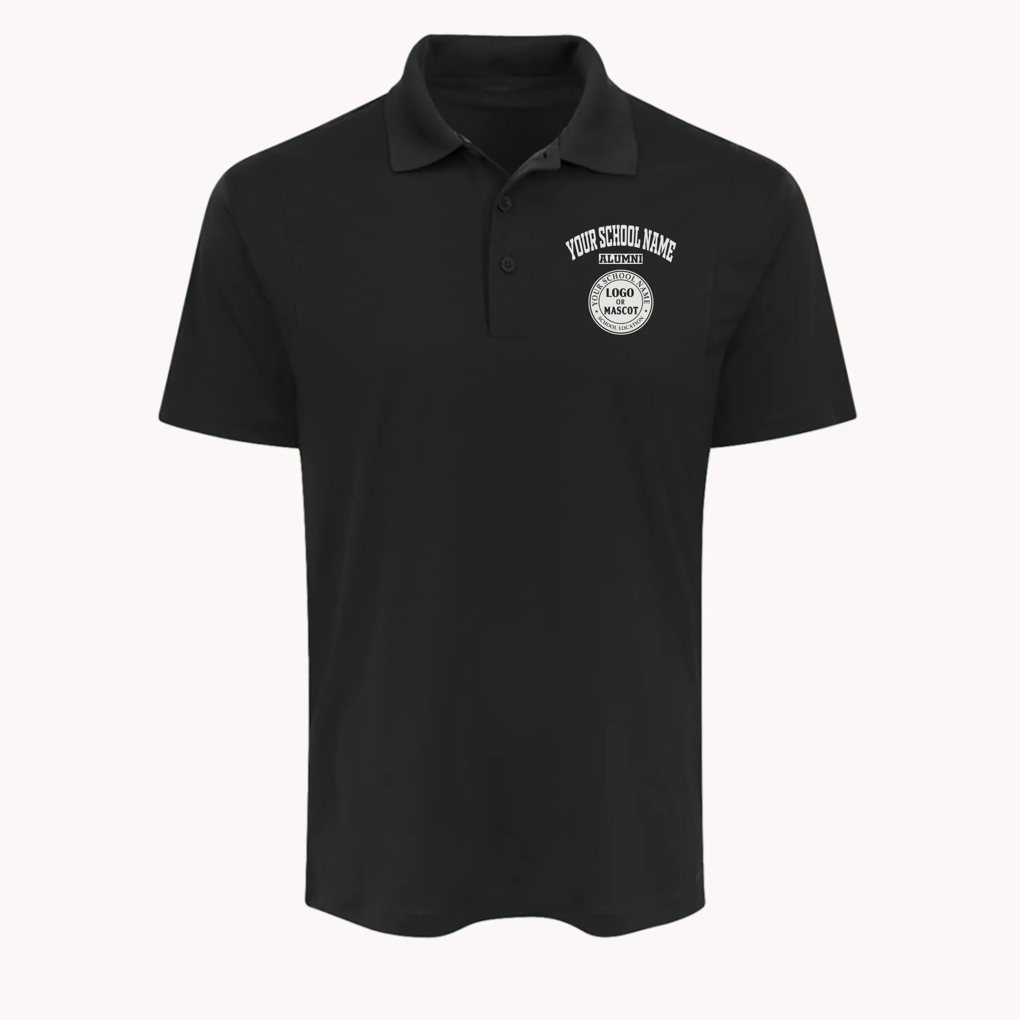 Black custom alumni apparel: a men's performance polo shirt designed for movement and comfort.