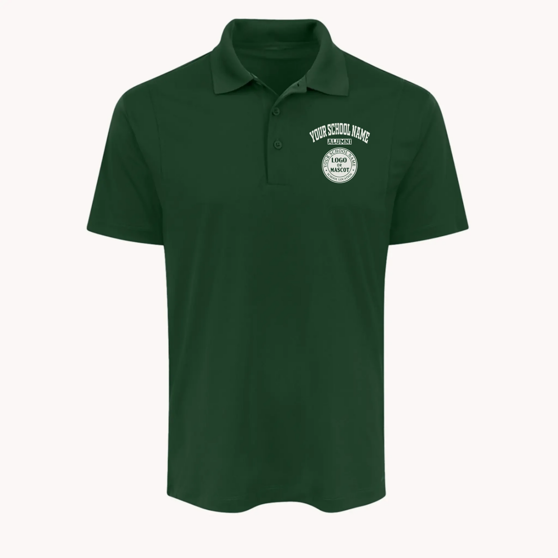 Forest green performance polo, an example of personalized university gear for proud graduates and alumni.