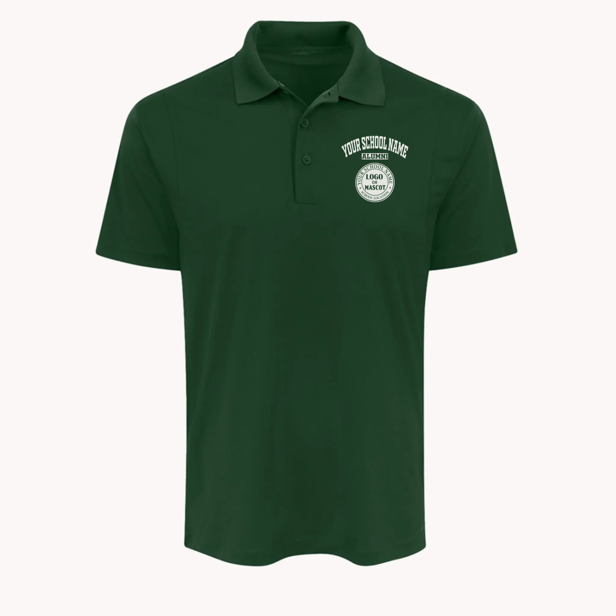 Forest green performance polo, an example of personalized university gear for proud graduates and alumni.