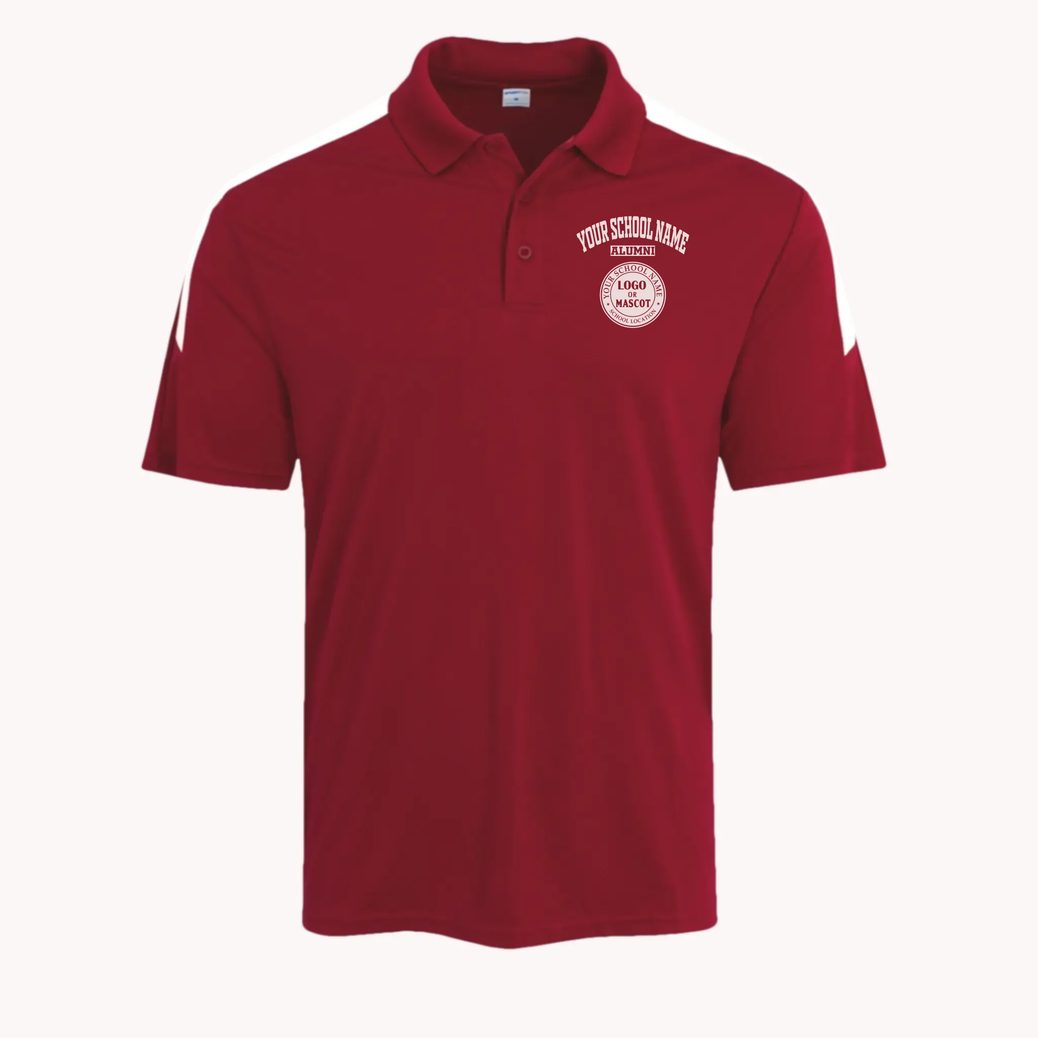 A red custom alumni polo shirt with white colorblock accents, designed for active graduates.