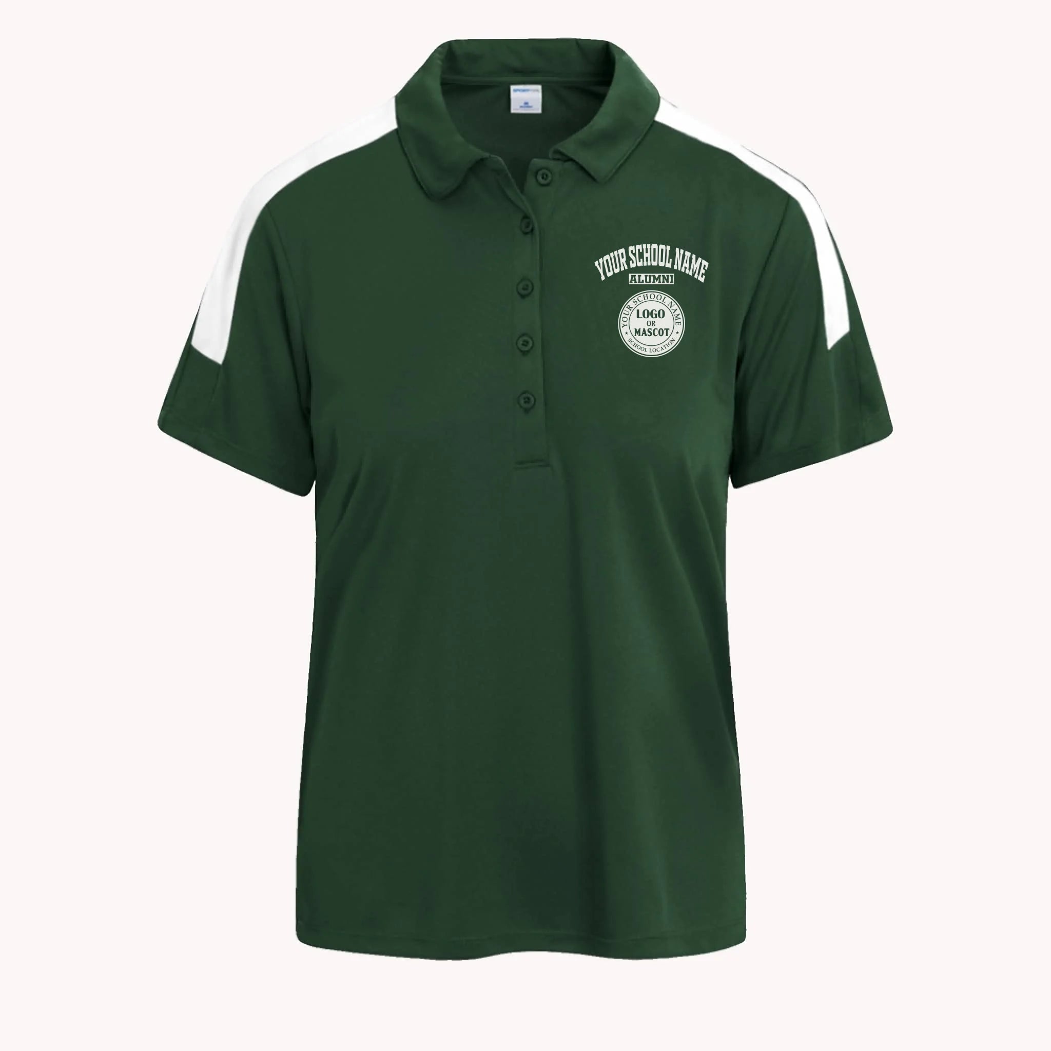 A forest green competitor polo, stylish college apparel for alumnae with a modern and athletic colorblock look.
