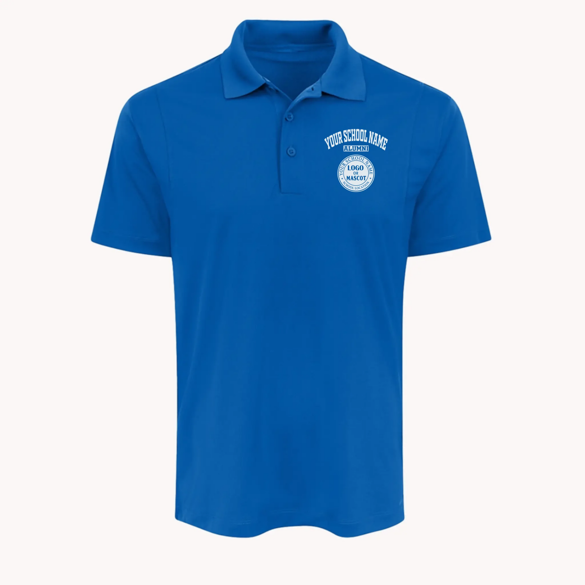 Royal blue performance polo, a classic piece of college apparel for alumni, featuring a custom school logo.