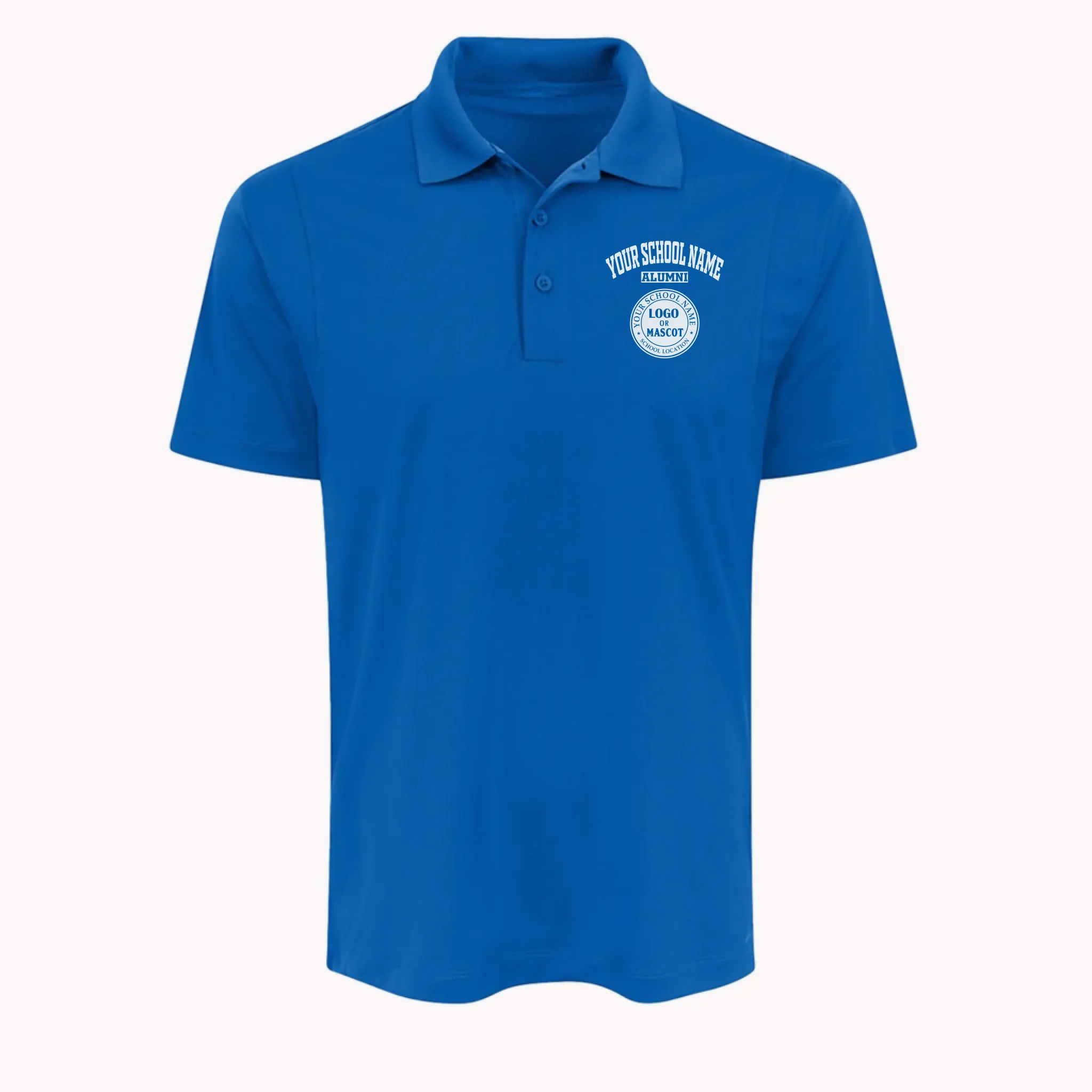 Royal blue performance polo, a classic piece of college apparel for alumni, featuring a custom school logo.