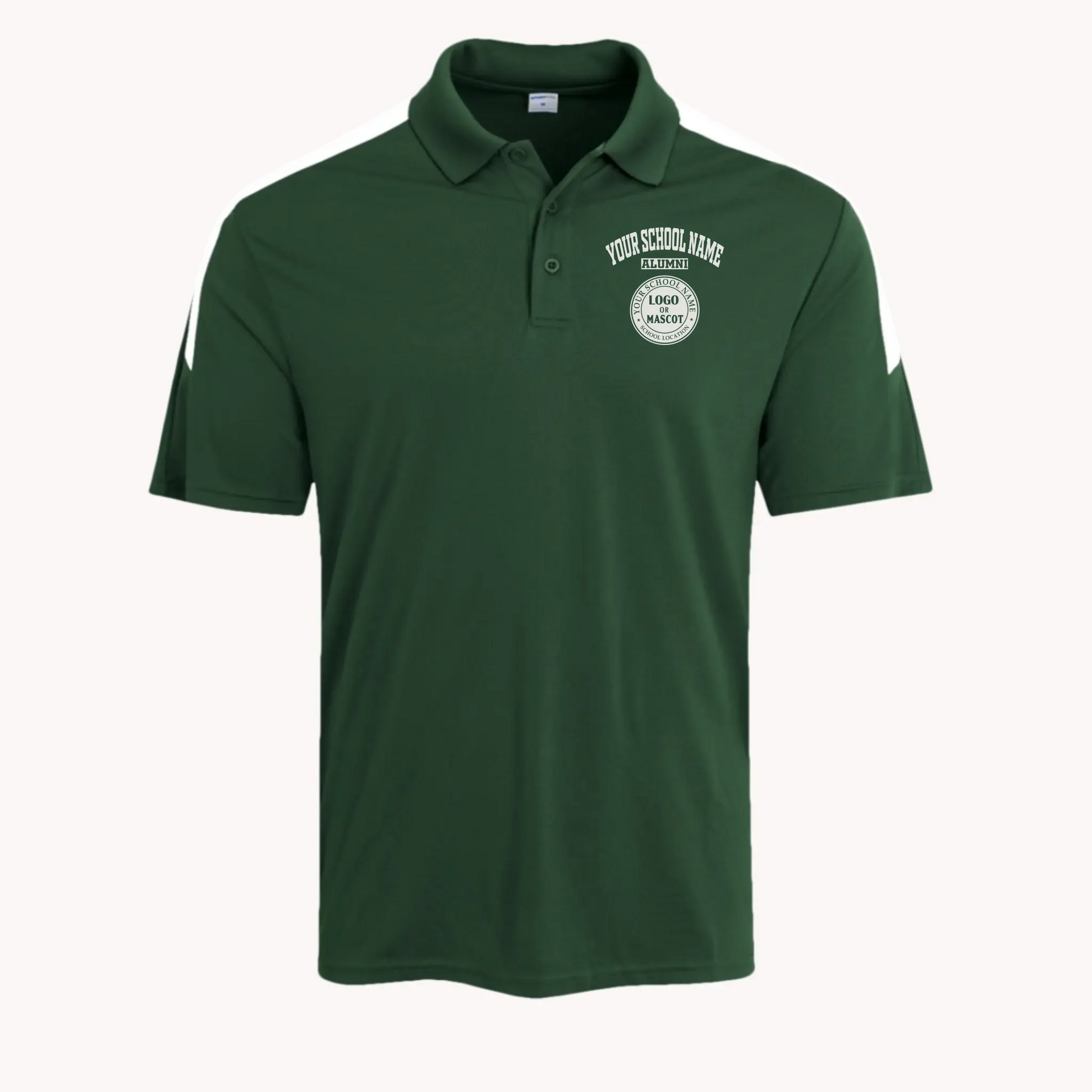 A forest green competitor polo, stylish college apparel for alumni with a modern colorblock look.