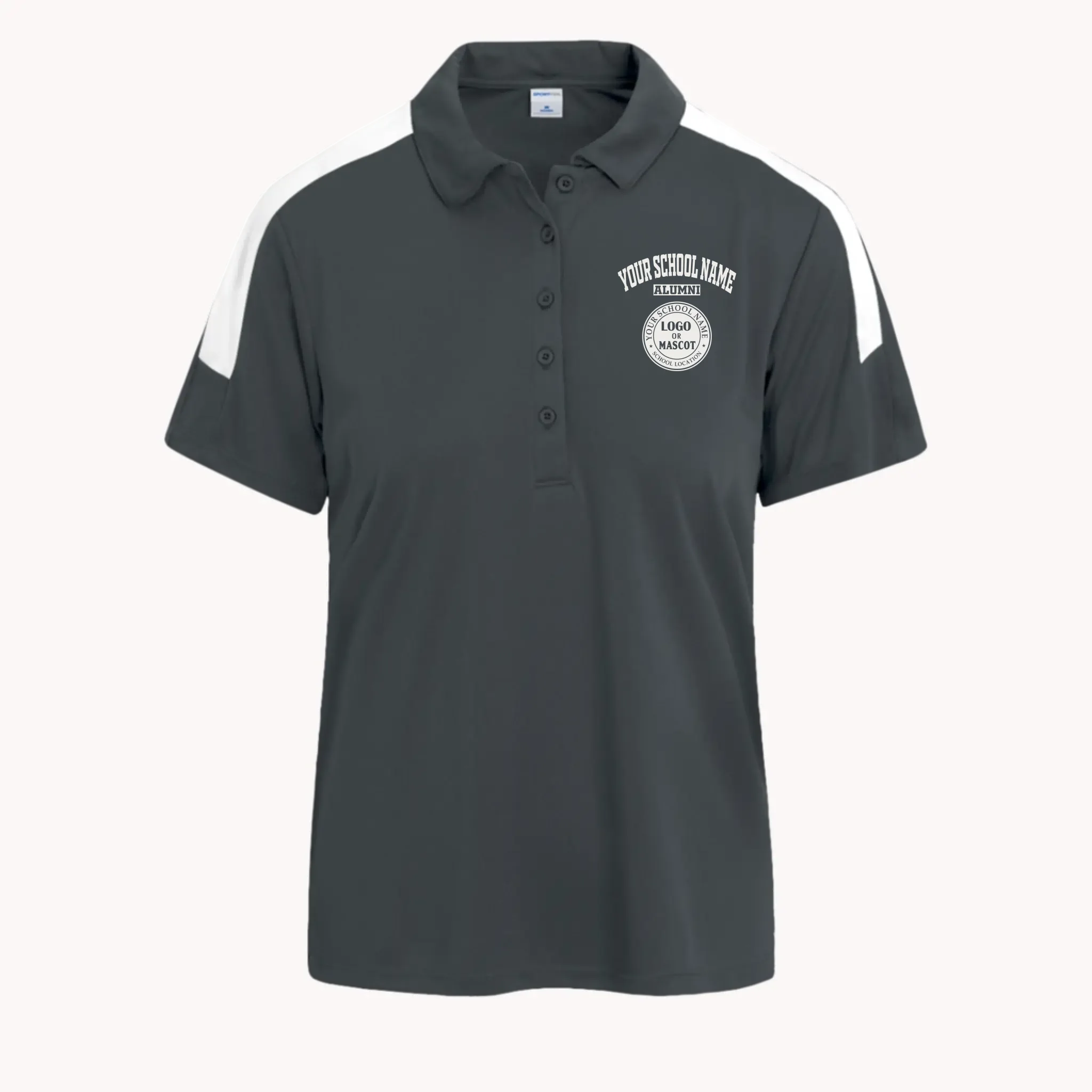 A unique alumni gift for her: a graphite grey colorblock polo shirt that can be personalized with her school's logo.
