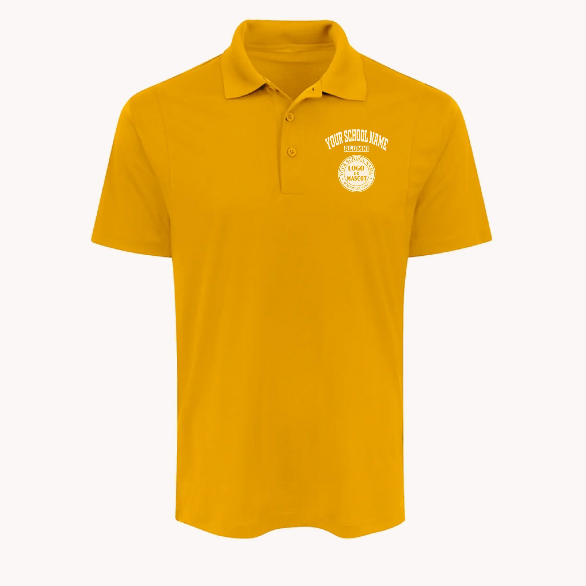 A unique alumni gift: a gold performance polo shirt that can be personalized with any school's logo.