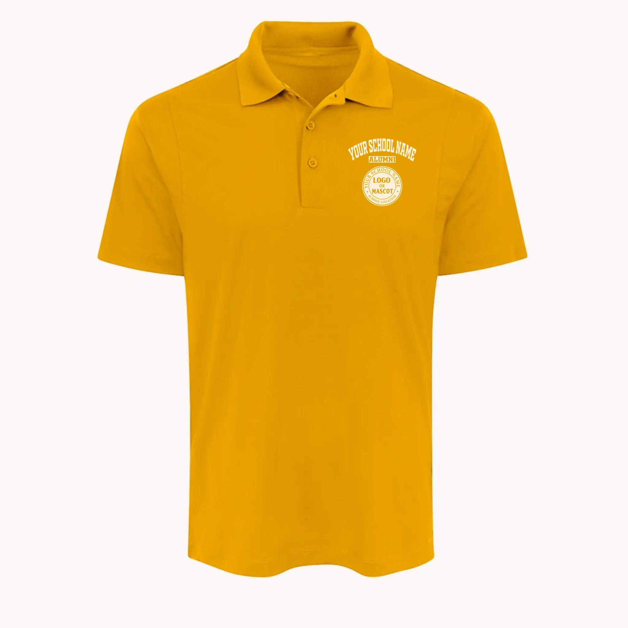 A unique alumni gift: a gold performance polo shirt that can be personalized with any school's logo.