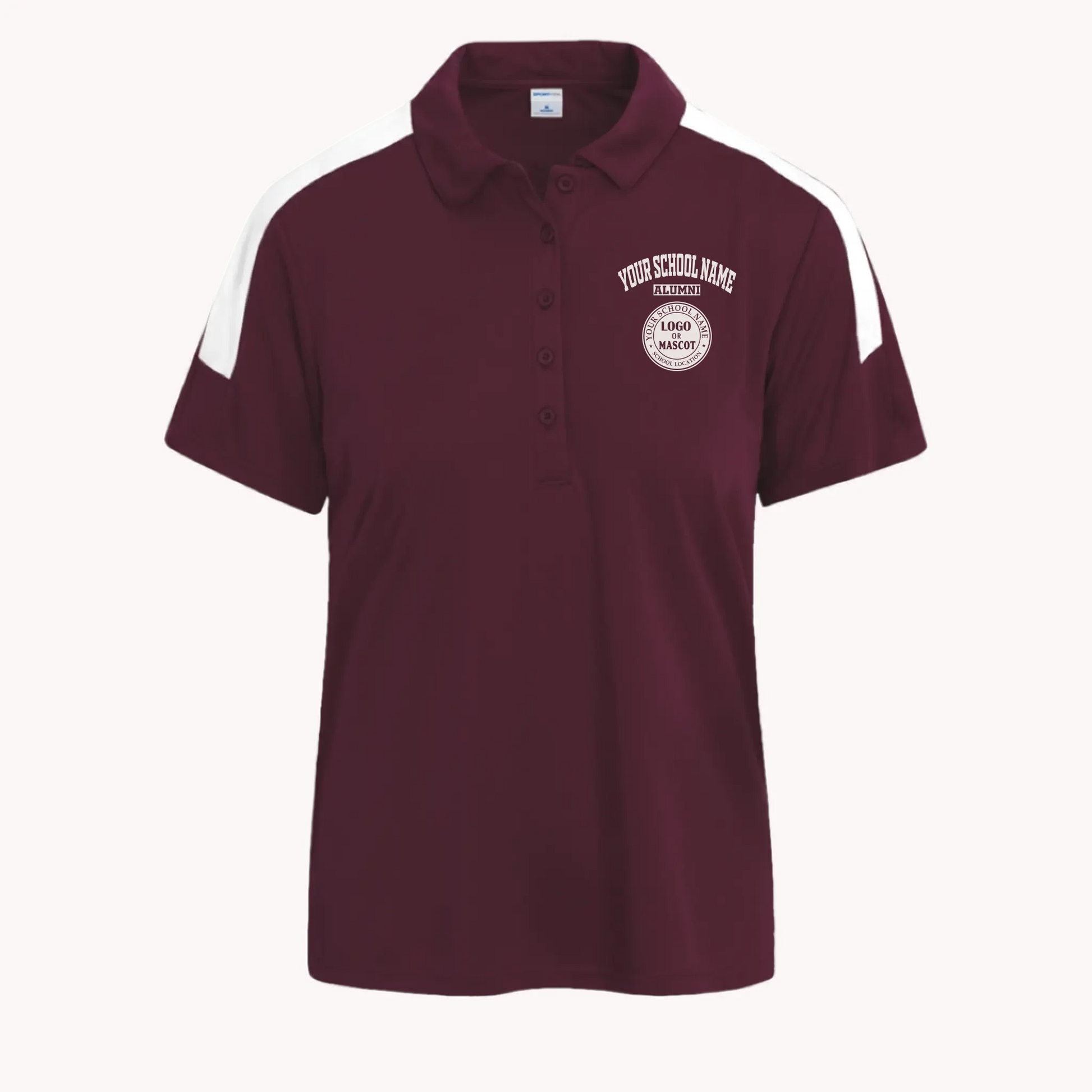 A maroon competitor polo shirt for women, a great high school reunion gift featuring a personalized school emblem.