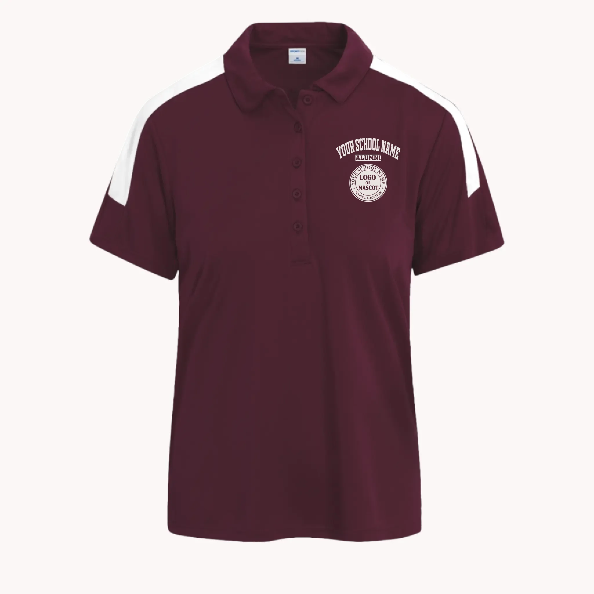 A maroon competitor polo shirt for women, a great high school reunion gift featuring a personalized school emblem.