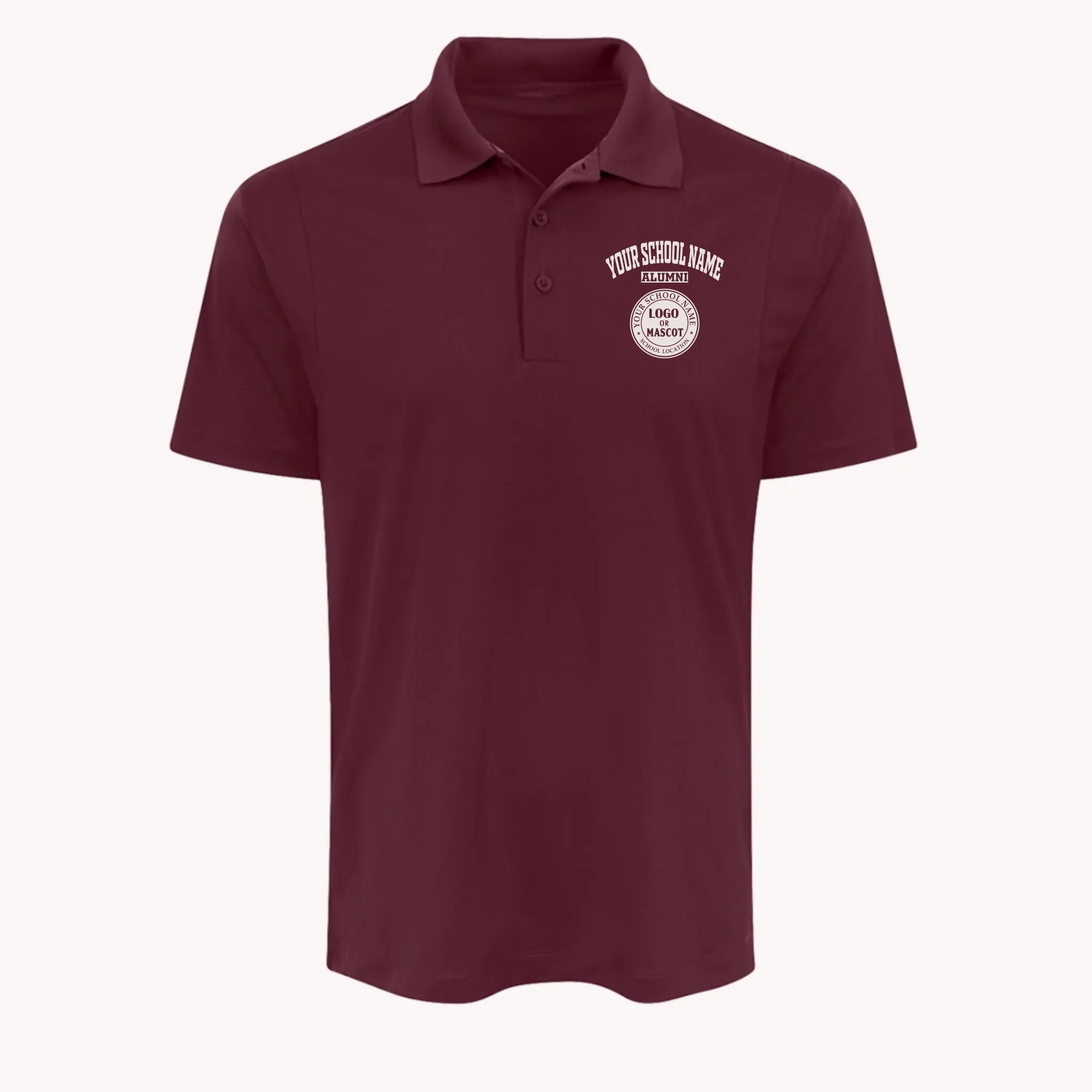 Maroon men's performance polo, a piece of custom alumni memorabilia, perfect for homecoming events.