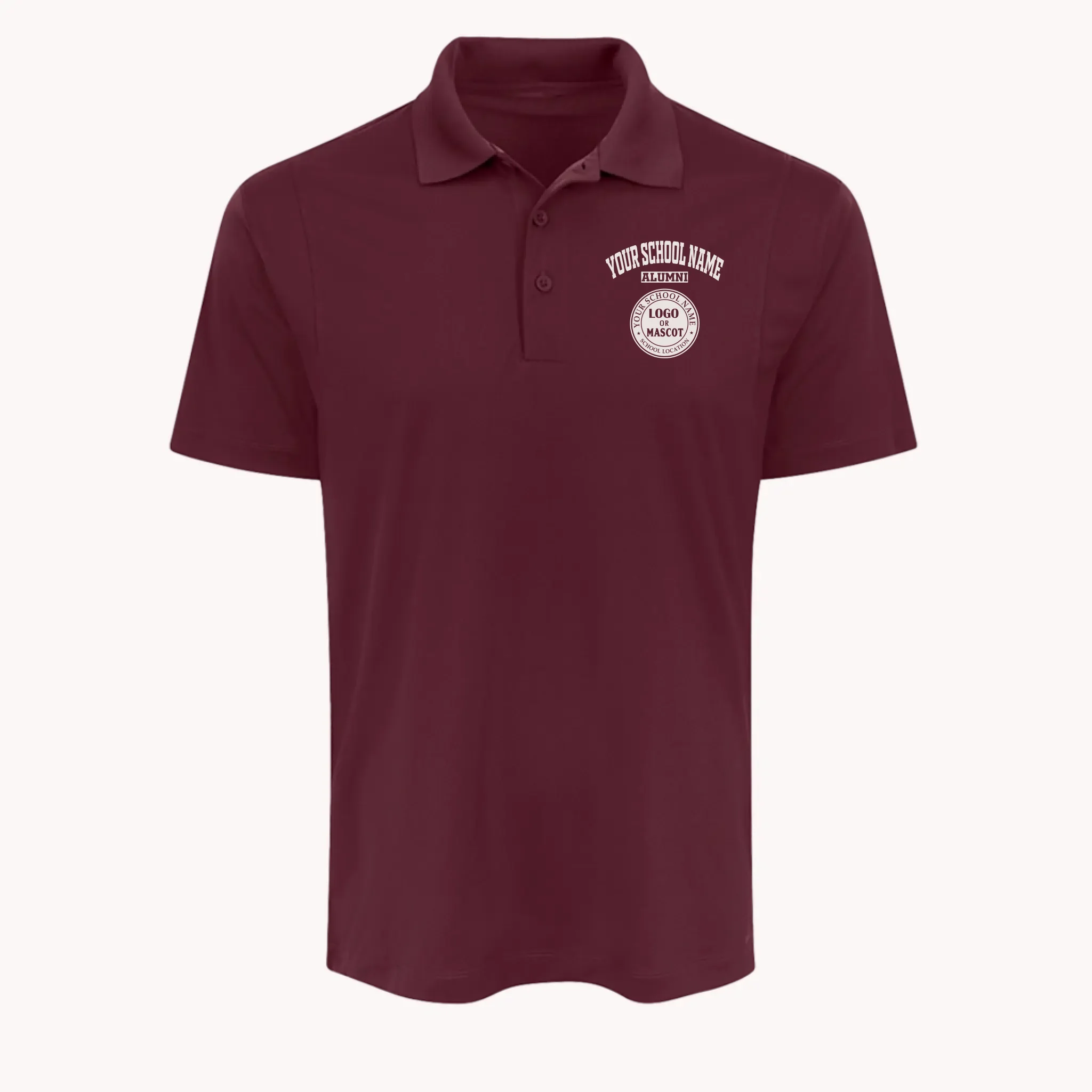 Maroon men's performance polo, a piece of custom alumni memorabilia, perfect for homecoming events.