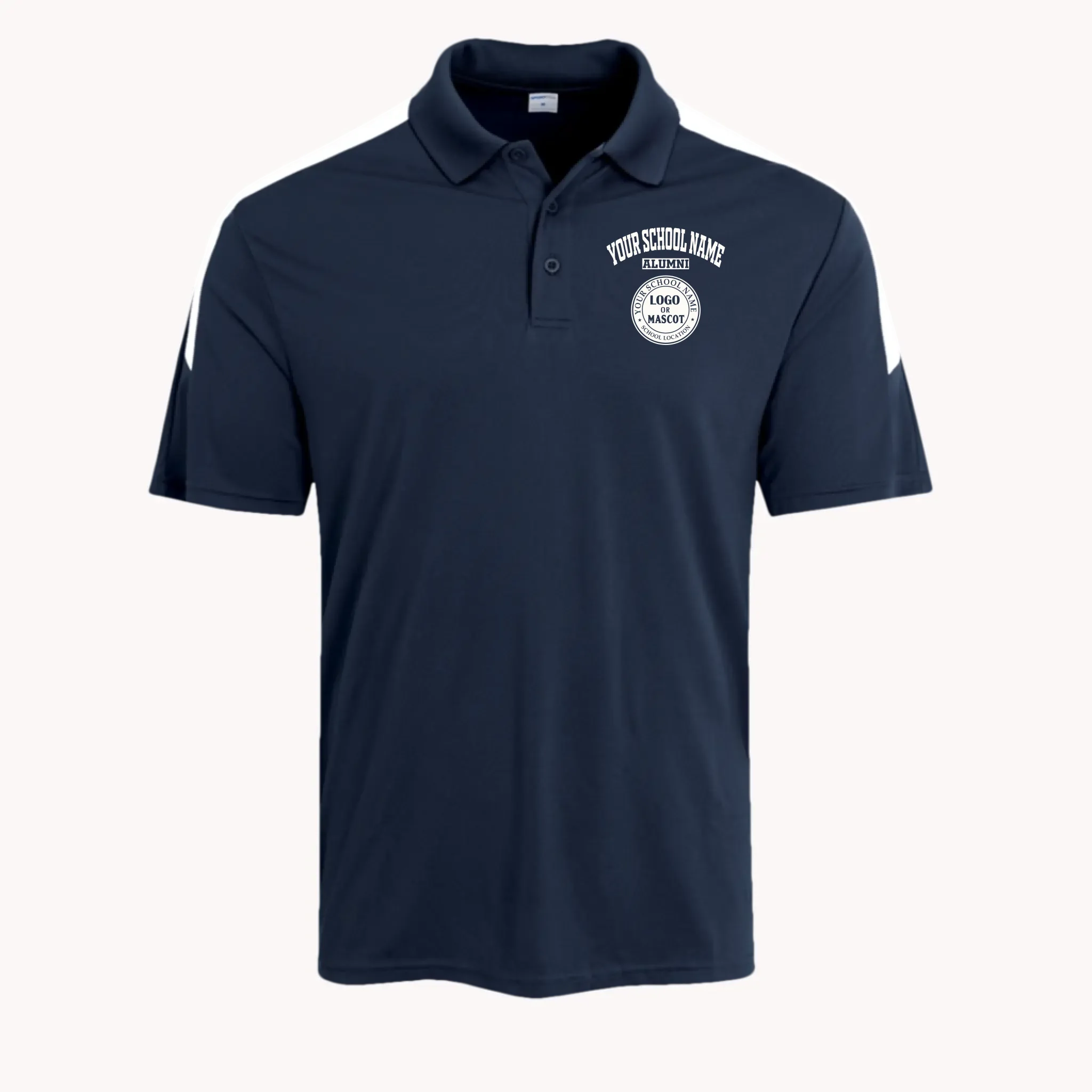 A navy blue competitor polo shirt, a great high school reunion gift featuring a personalized school emblem.