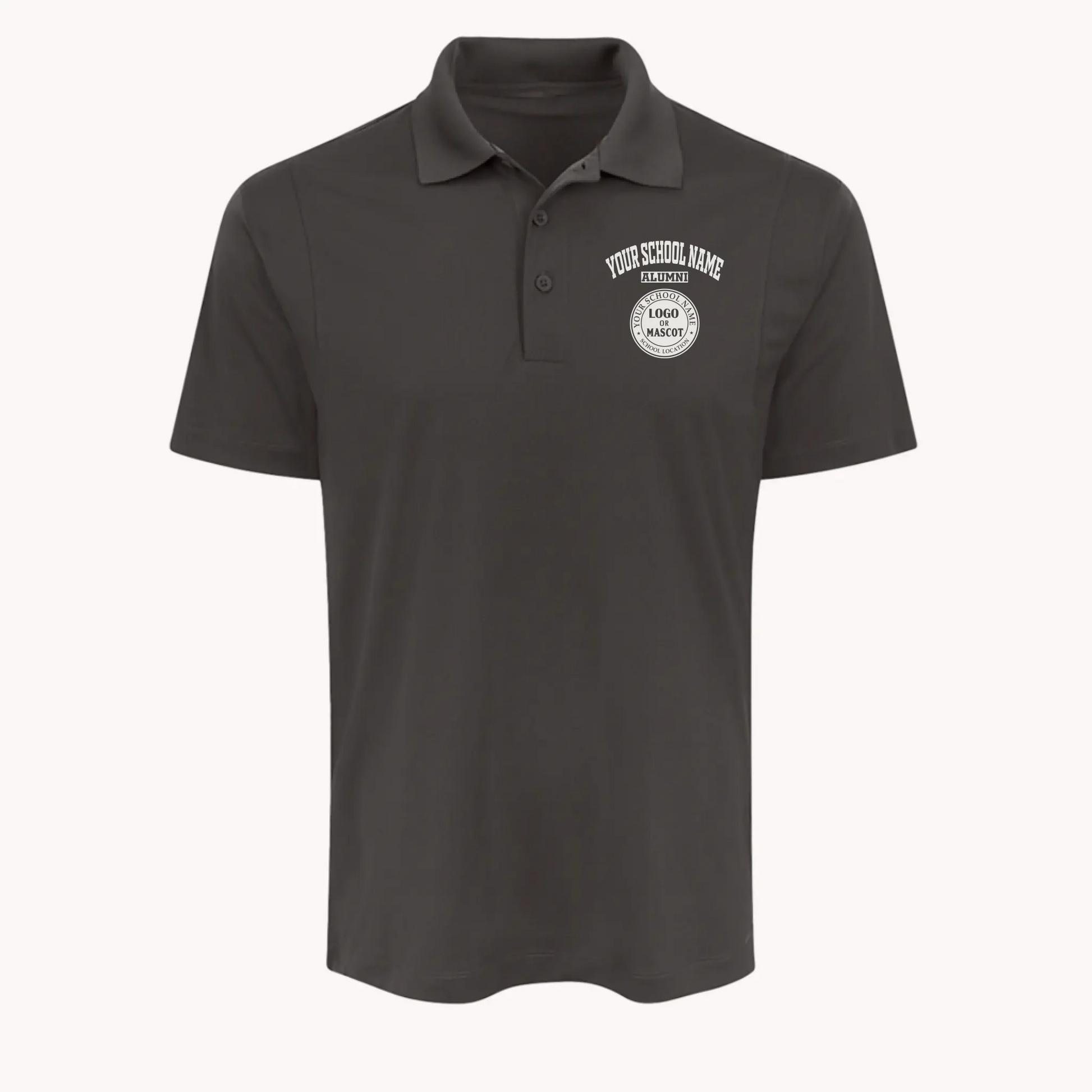 Graphite grey performance polo shirt, one of many customized gifts for alumni to celebrate their school pride.