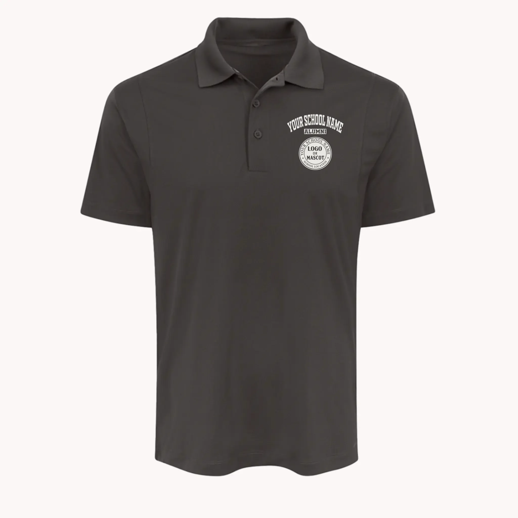 Graphite grey performance polo shirt, one of many customized gifts for alumni to celebrate their school pride.