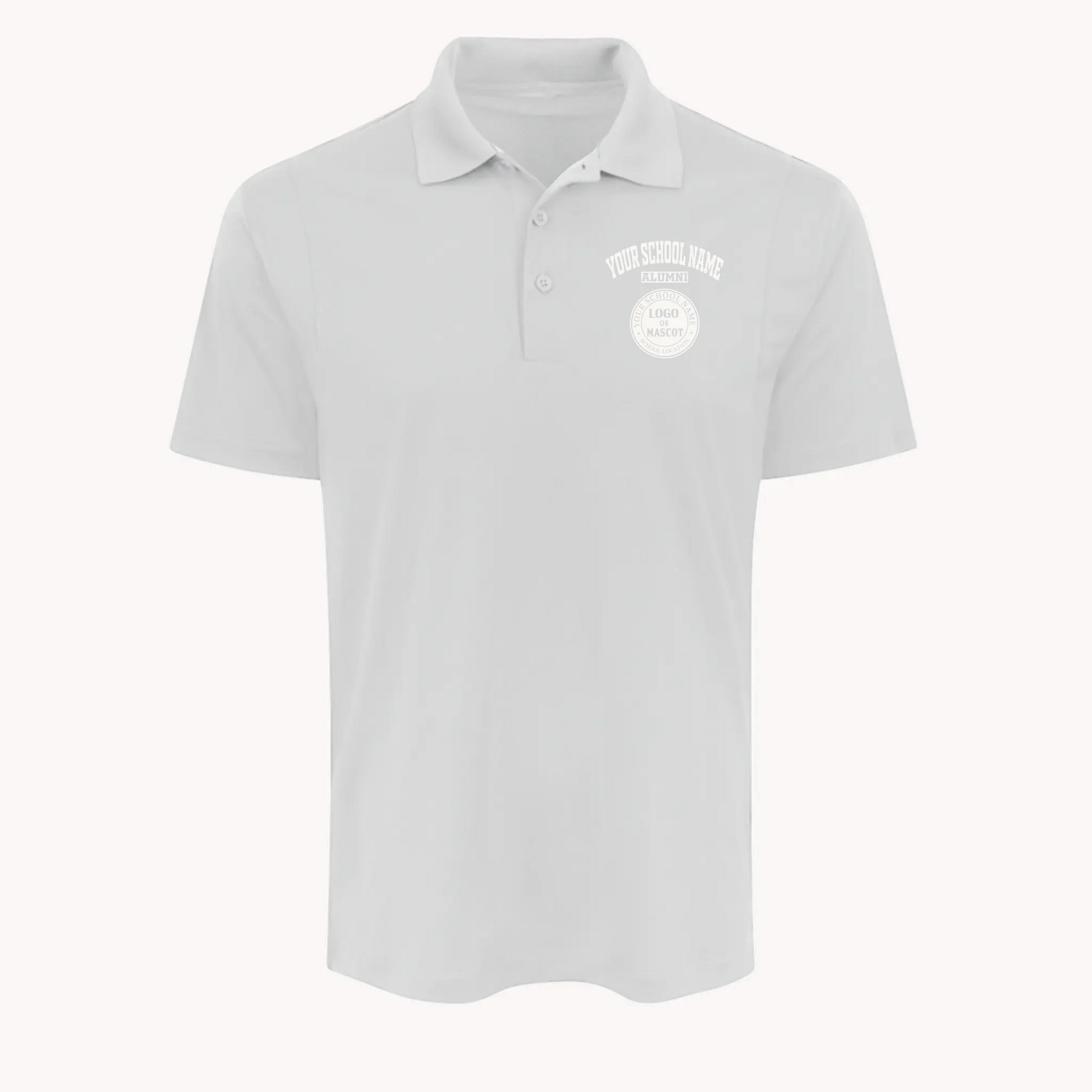 A personalized graduation gift: a classic white performance polo shirt with a custom school logo.