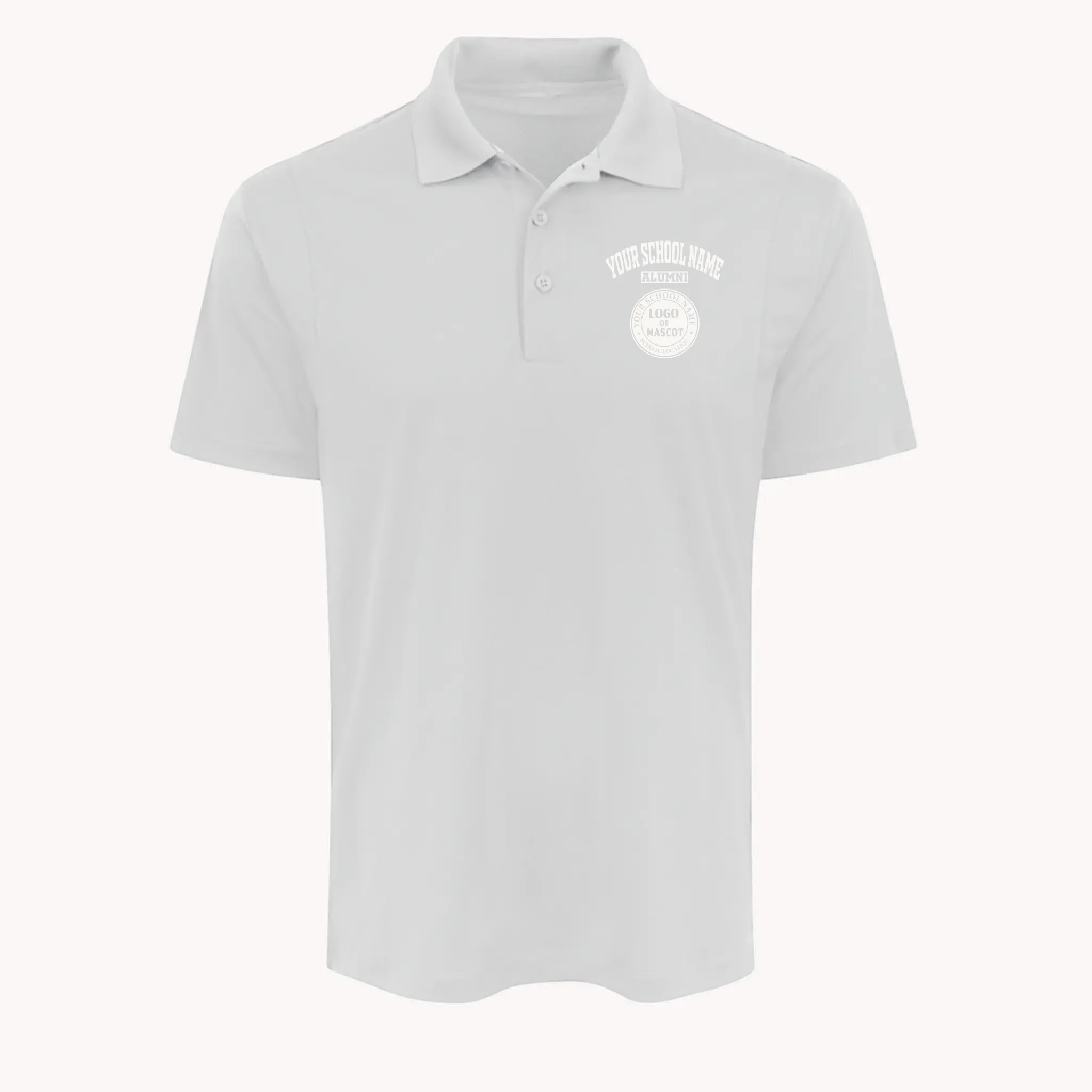 A personalized graduation gift: a classic white performance polo shirt with a custom school logo.