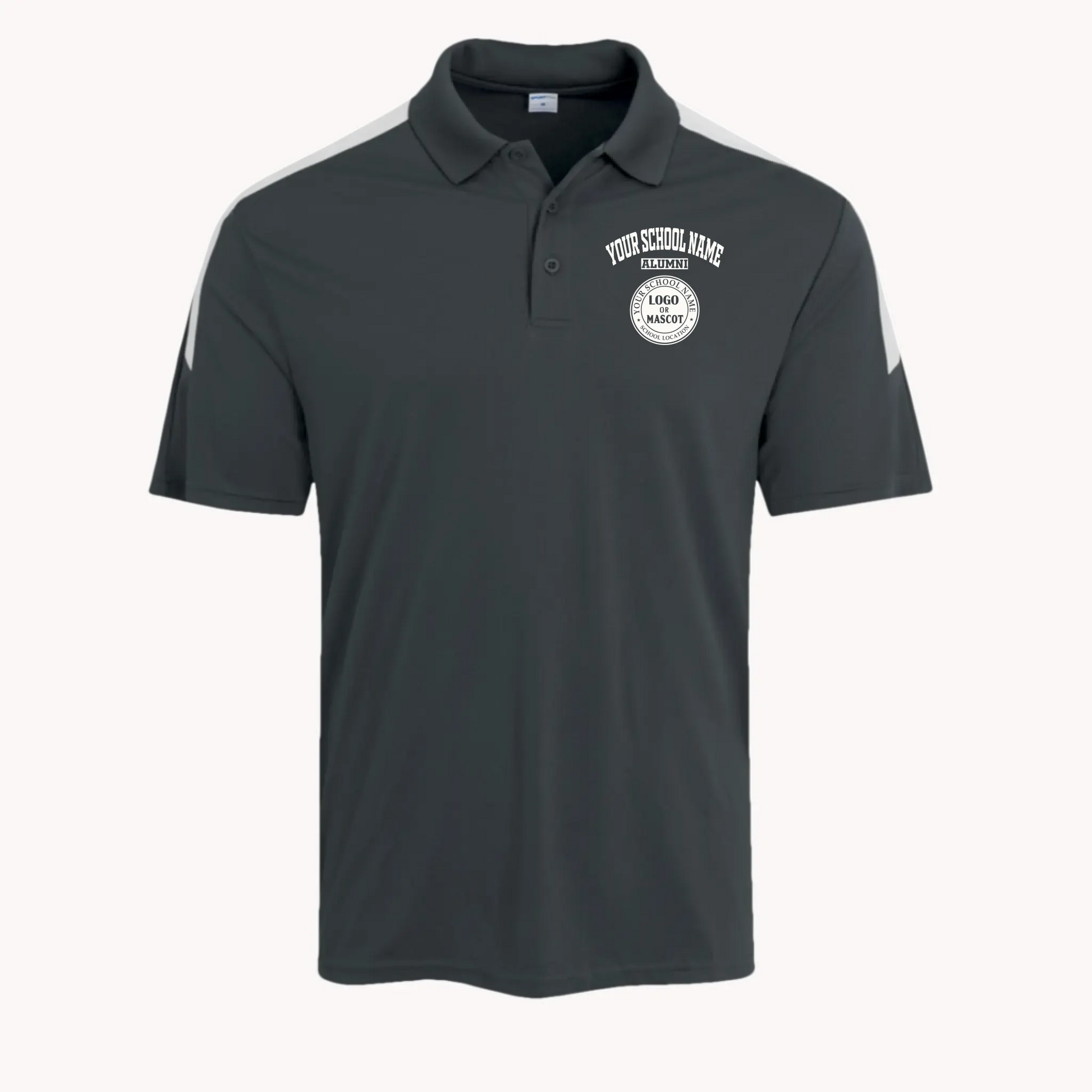 A graphite grey personalized and moisture-wicking competitor polo for alumni, perfect for outdoor events.
