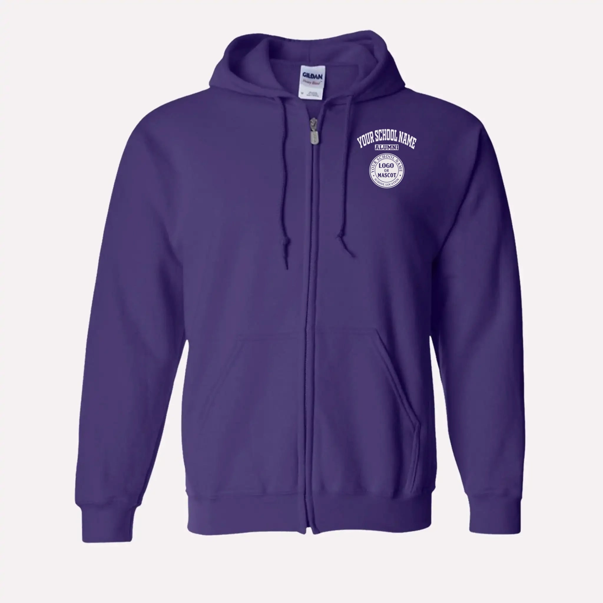 Personalized Alumni Zip Hoodie in Purple - Custom university sweatshirt design for schools