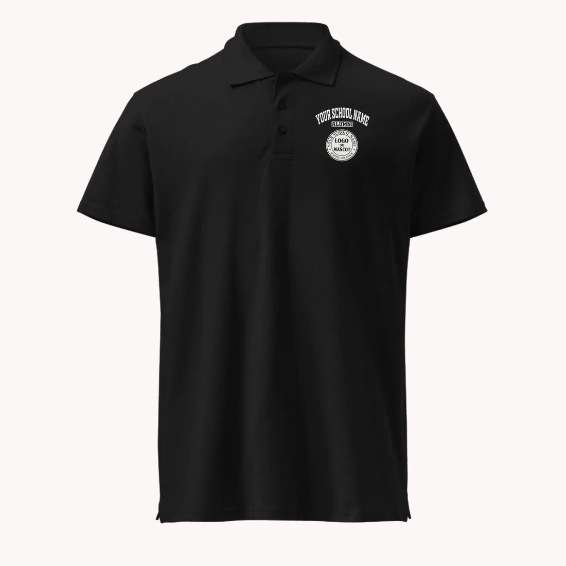 A classic black custom alumni pique polo with a personalized school logo