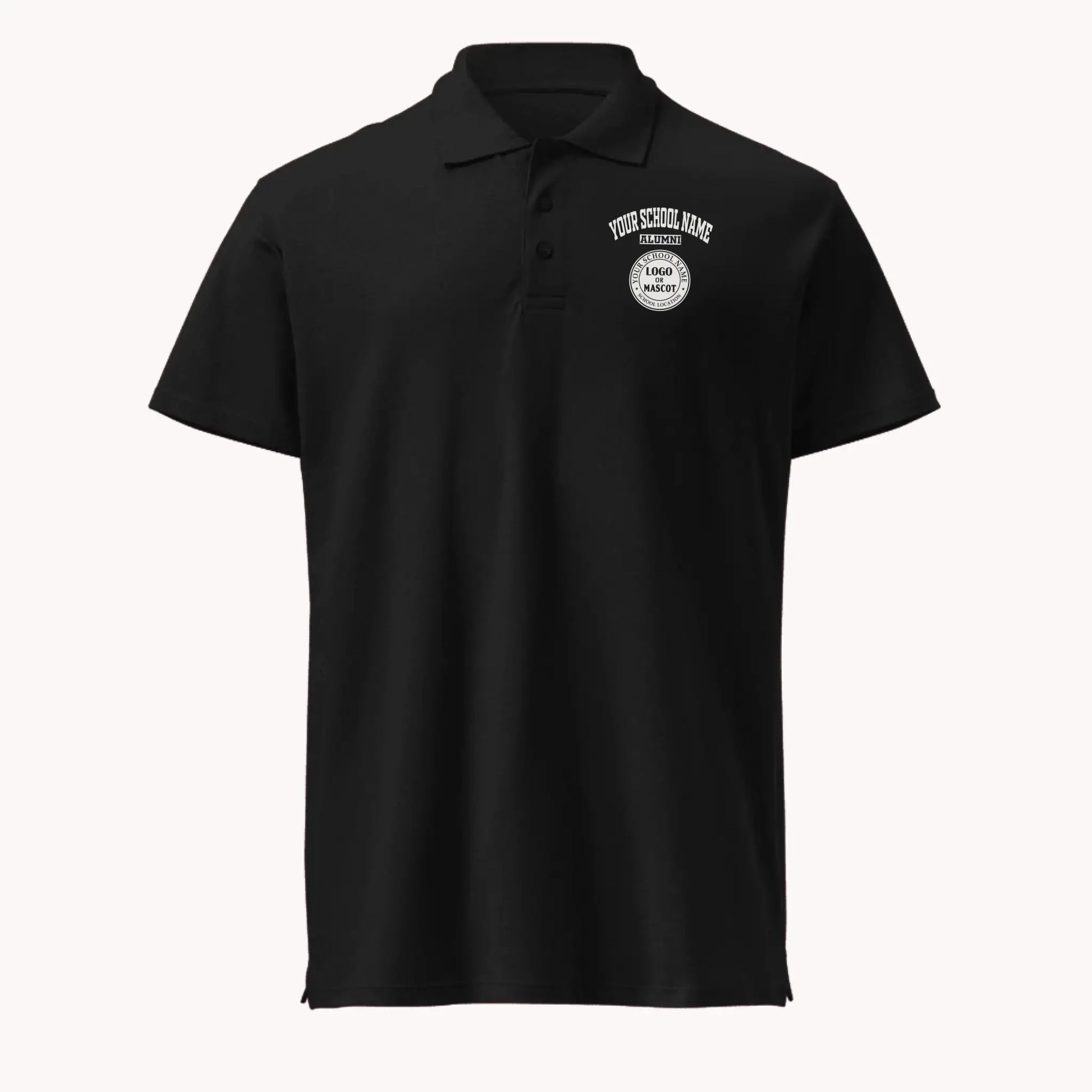 A classic black custom alumni pique polo with a personalized school logo