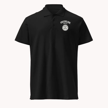 A classic black custom alumni pique polo with a personalized school logo