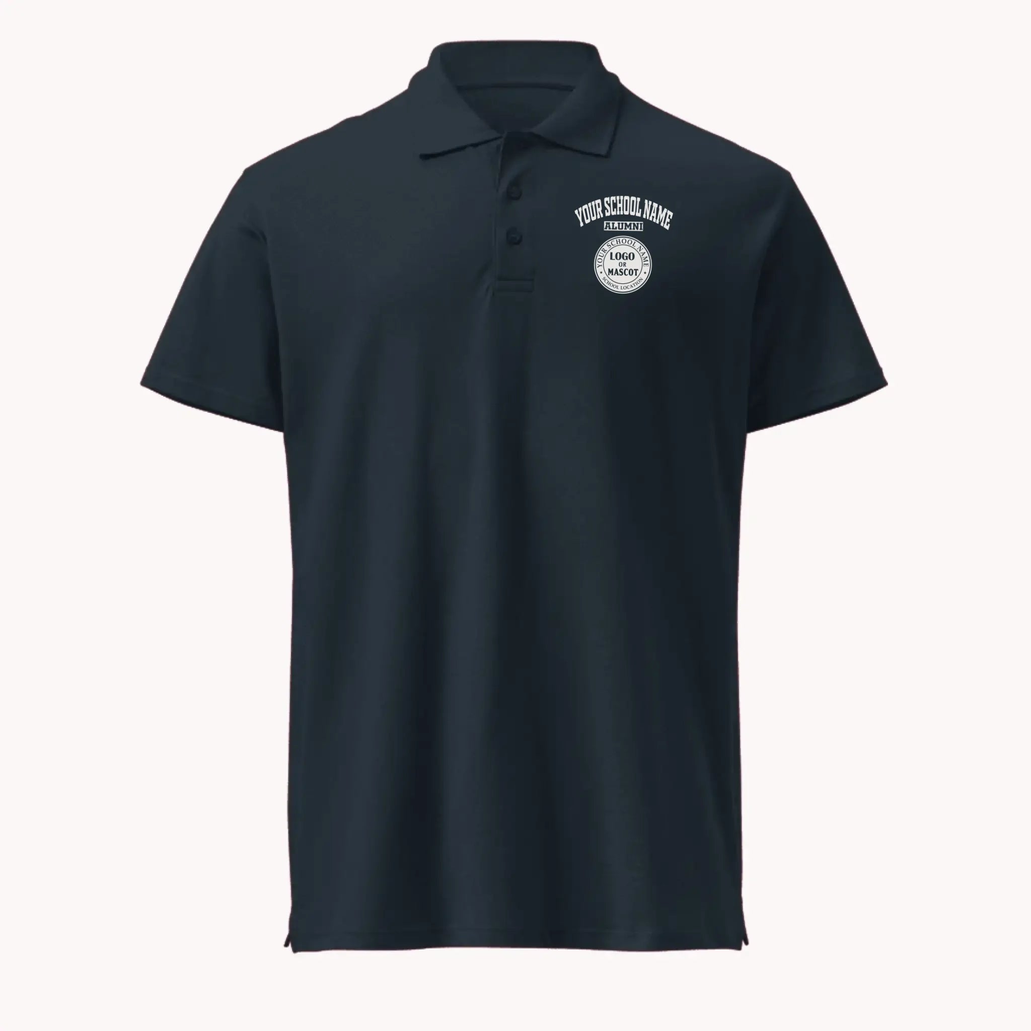 A navy blue personalized alumni pique polo shirt, a sophisticated choice for any event