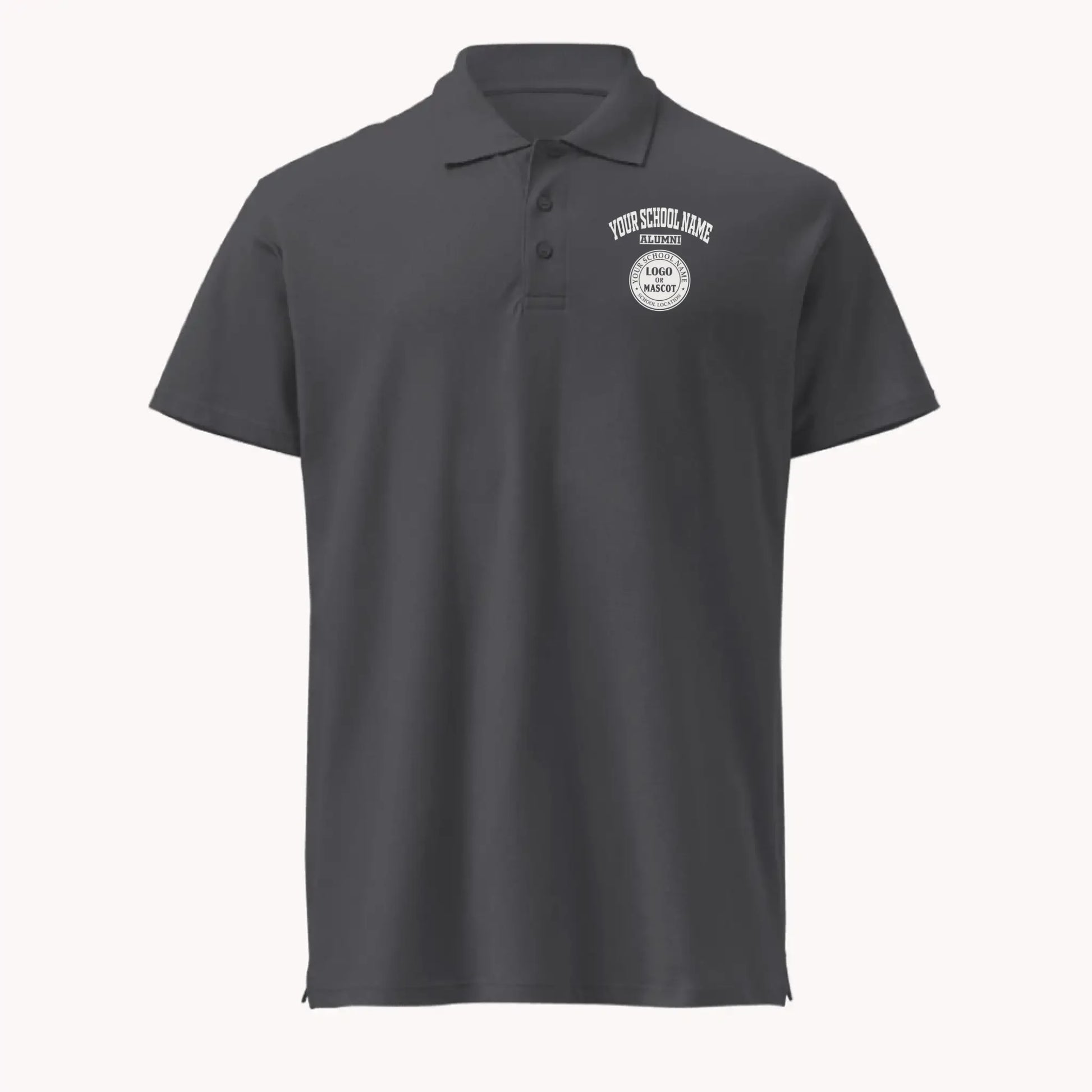 A mouse grey custom alumni pique polo shirt, a stylish piece of university gear