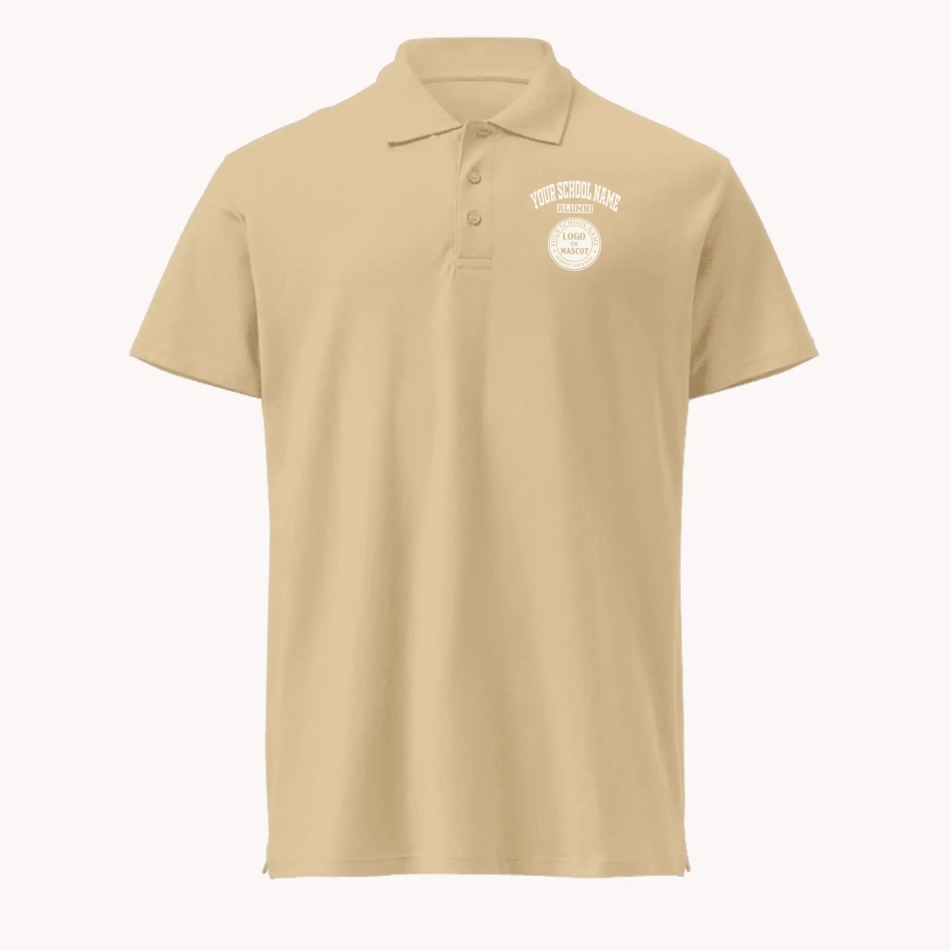 A sand colored custom college polo shirt, made from premium pique cotton