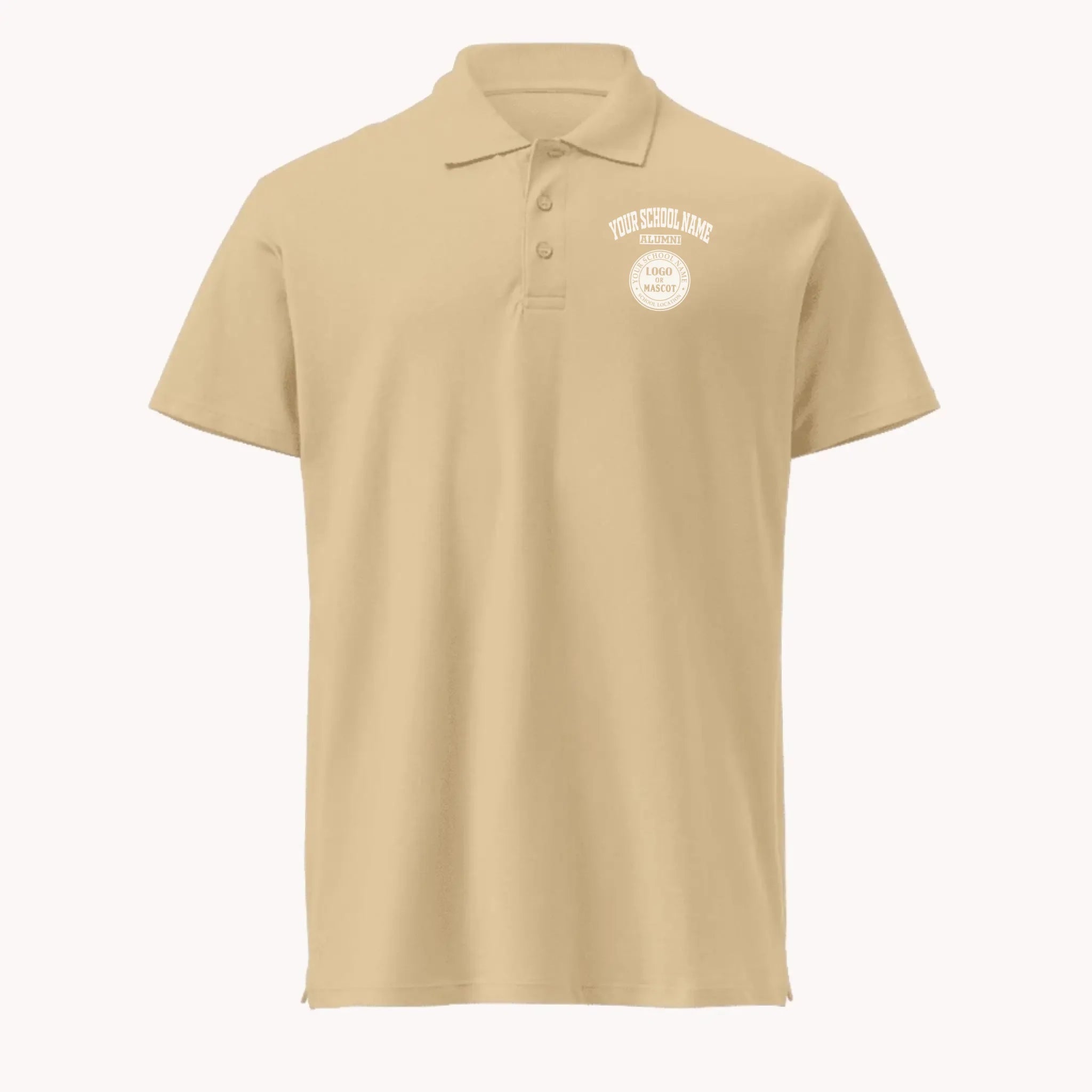 A sand colored custom college polo shirt, made from premium pique cotton