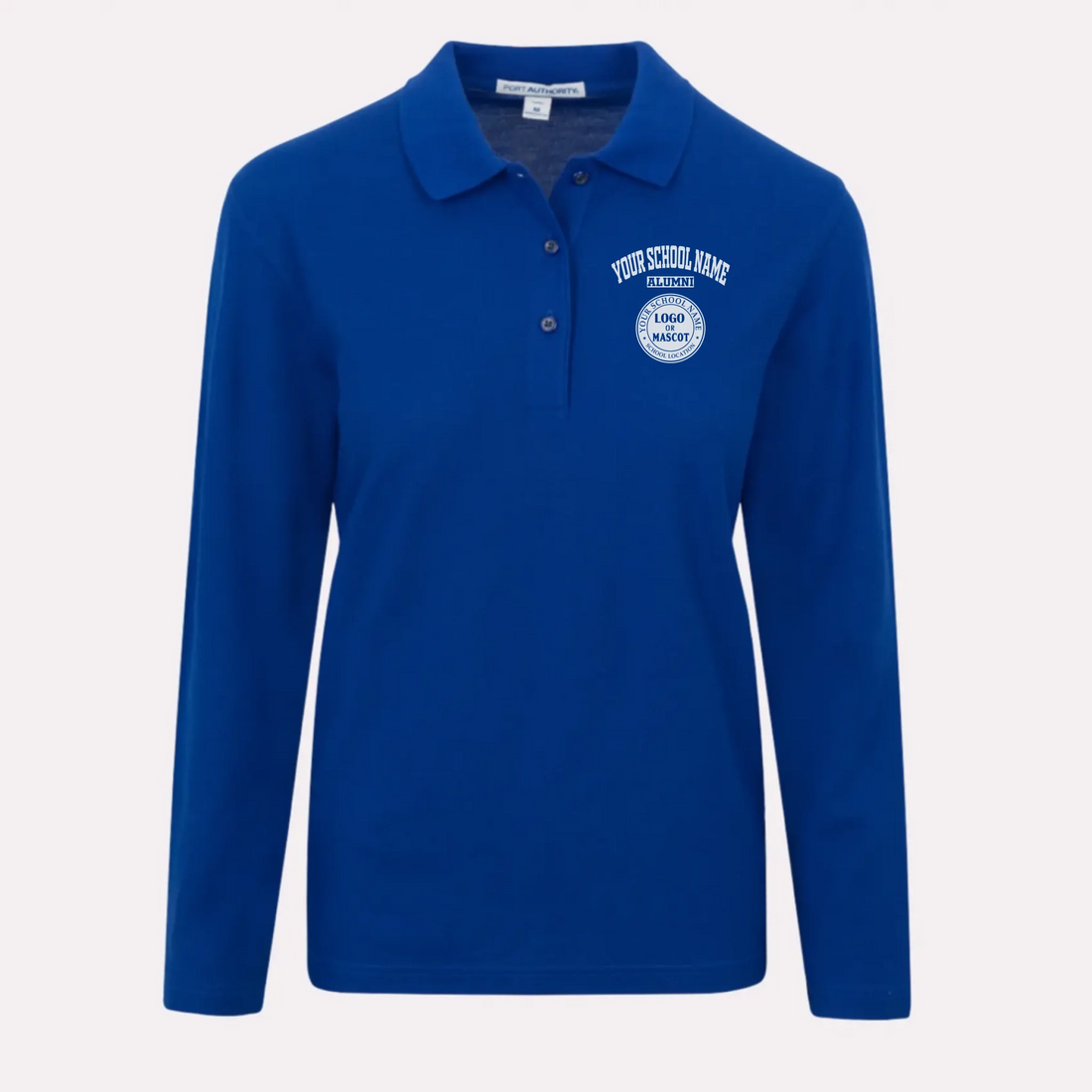 A woman's royal blue long sleeve polo in a classic fit, personalized with a school logo for a timeless alumni look.