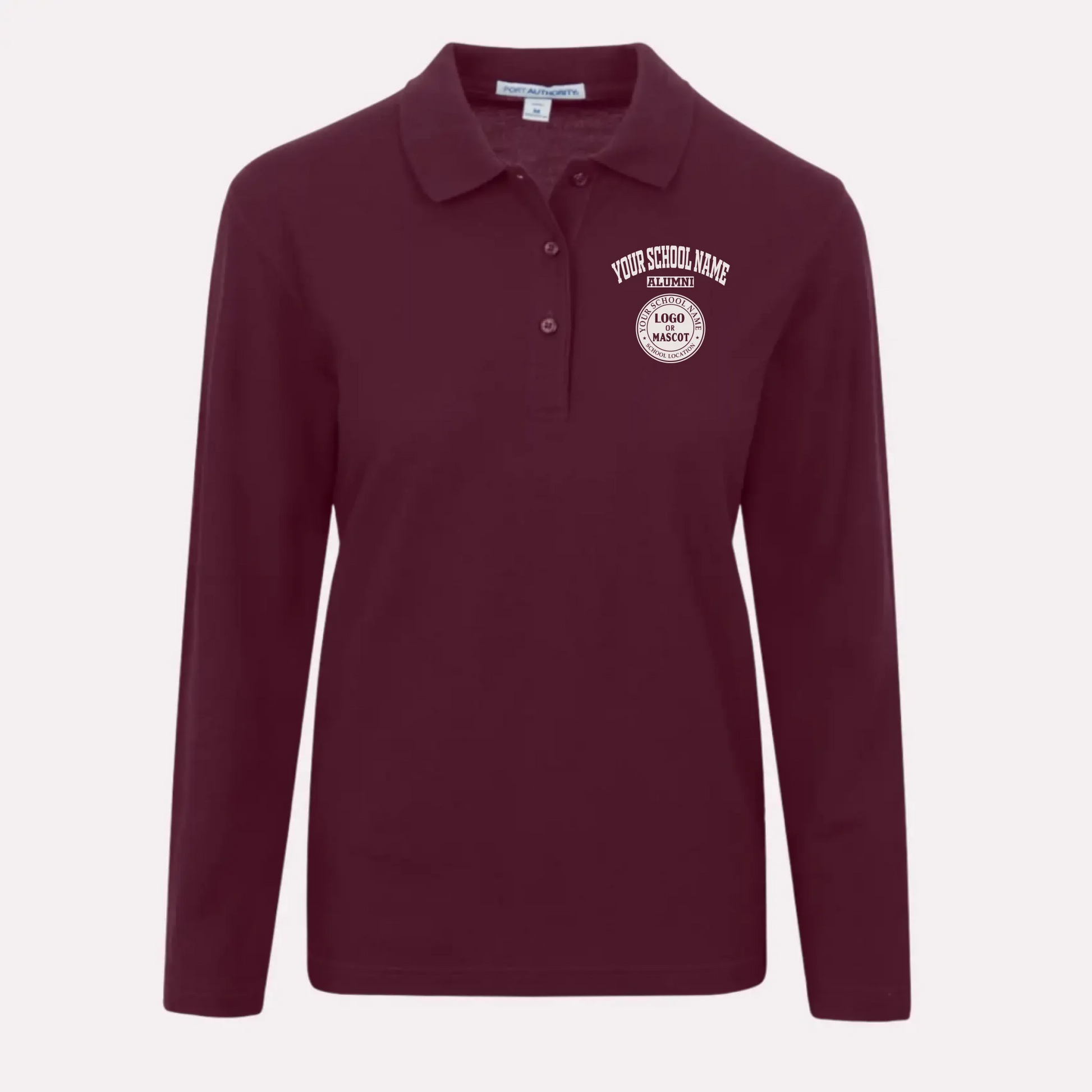 A personalized maroon long sleeve polo for women, featuring a classic fit and custom school emblem.