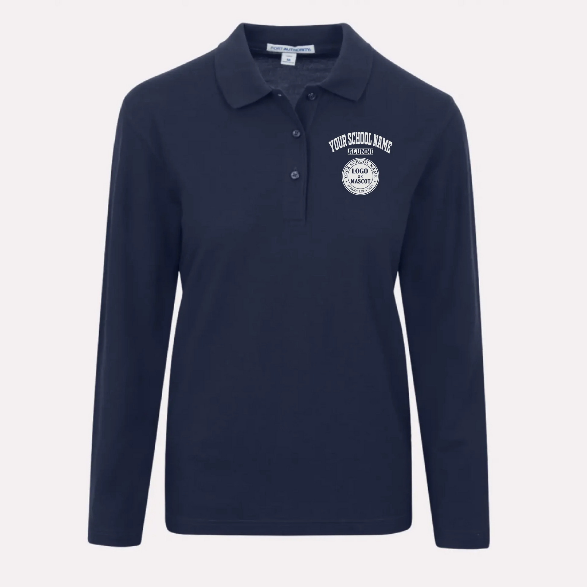 A navy blue women's classic fit long sleeve polo, a perfect and elegant university alumni gift for her.